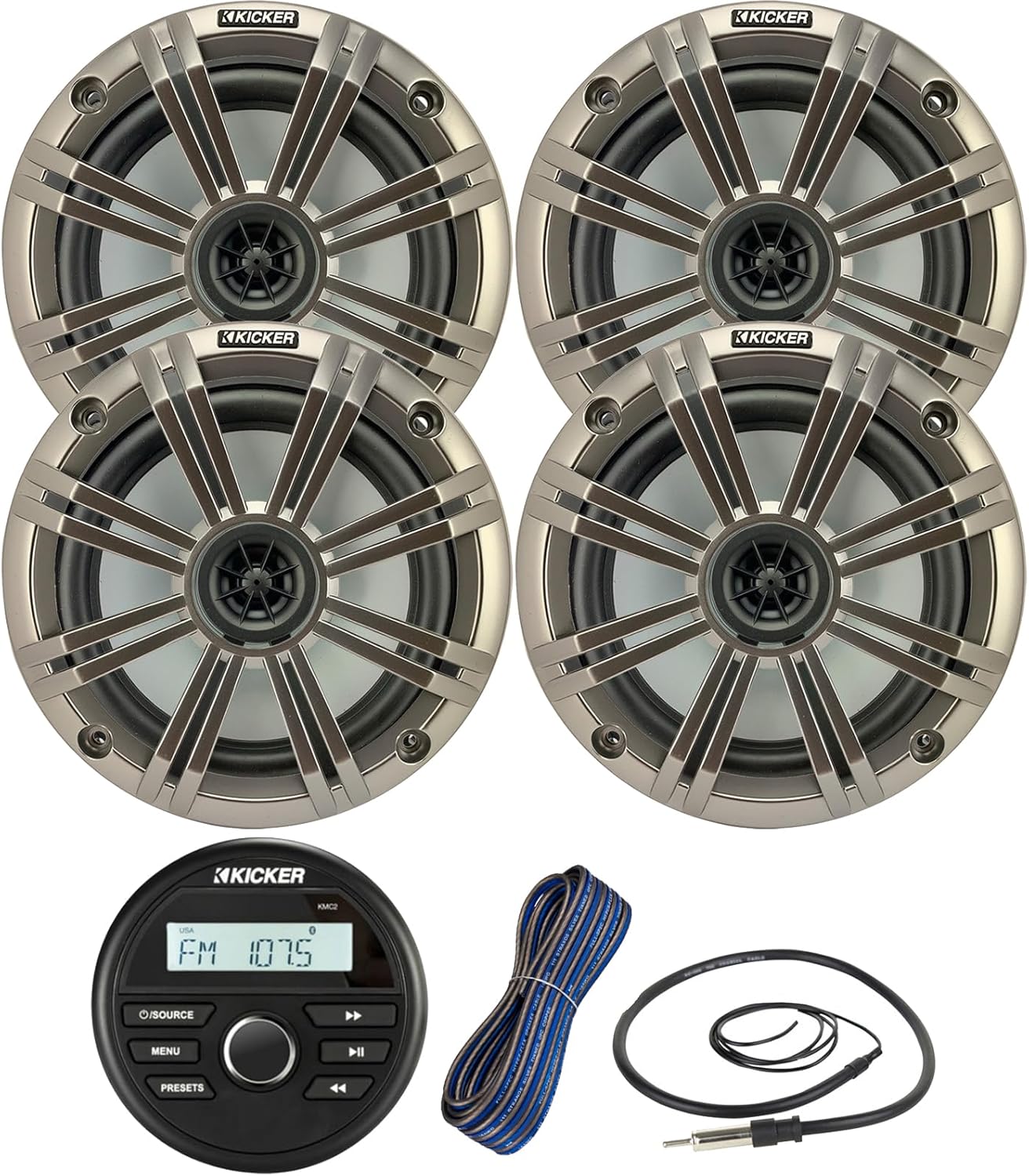 Kicker All-Weather Marine Gauge Style Bluetooth USB Stereo Receiver Bundle Combo with 2 Pair (Qty 4) 6.5