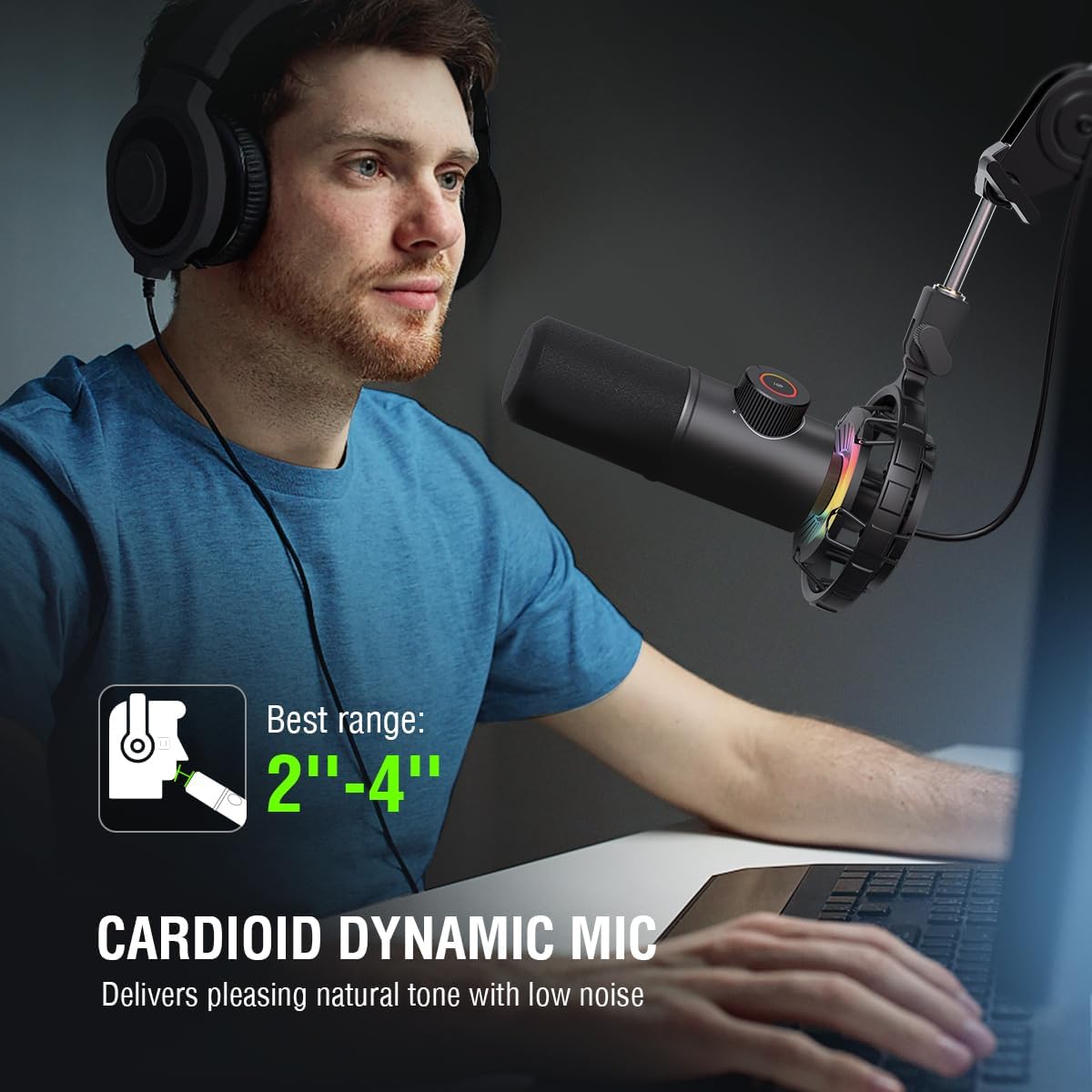 FIFINE USB Gaming Microphone and Mic Arm Stand Kit, RGB Dynamic Mic with Tap-to-Mute, Headphones Jack for PC, Heavy Duty Boom Arm Bundle with Desk Mount, 5/8