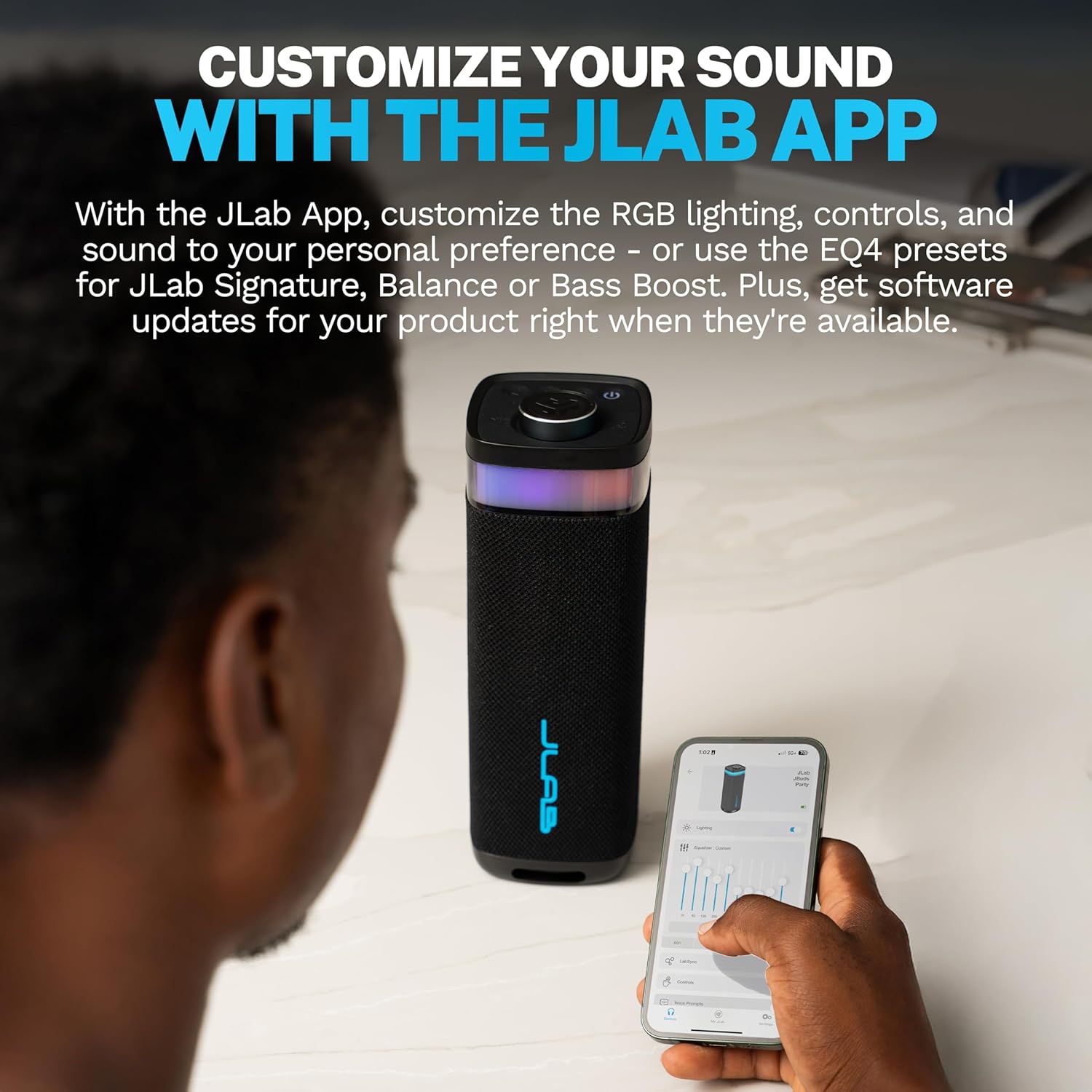 JLab JBuds Party Portable Bluetooth Speaker, 2 Full-Range Drivers + 2 Passive Woofers, IP56 Waterproof, 12 Hours Playtime, Connect Multiple Speakers, Custom Sound + RGB Lighting via App, Black