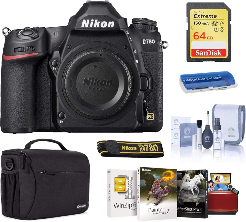 Nikon D780 FX-Format DSLR Camera Body Only Bundle with Case, 64GB SD Card, Mac Software Pack, Cleaning Kit, Card Reader