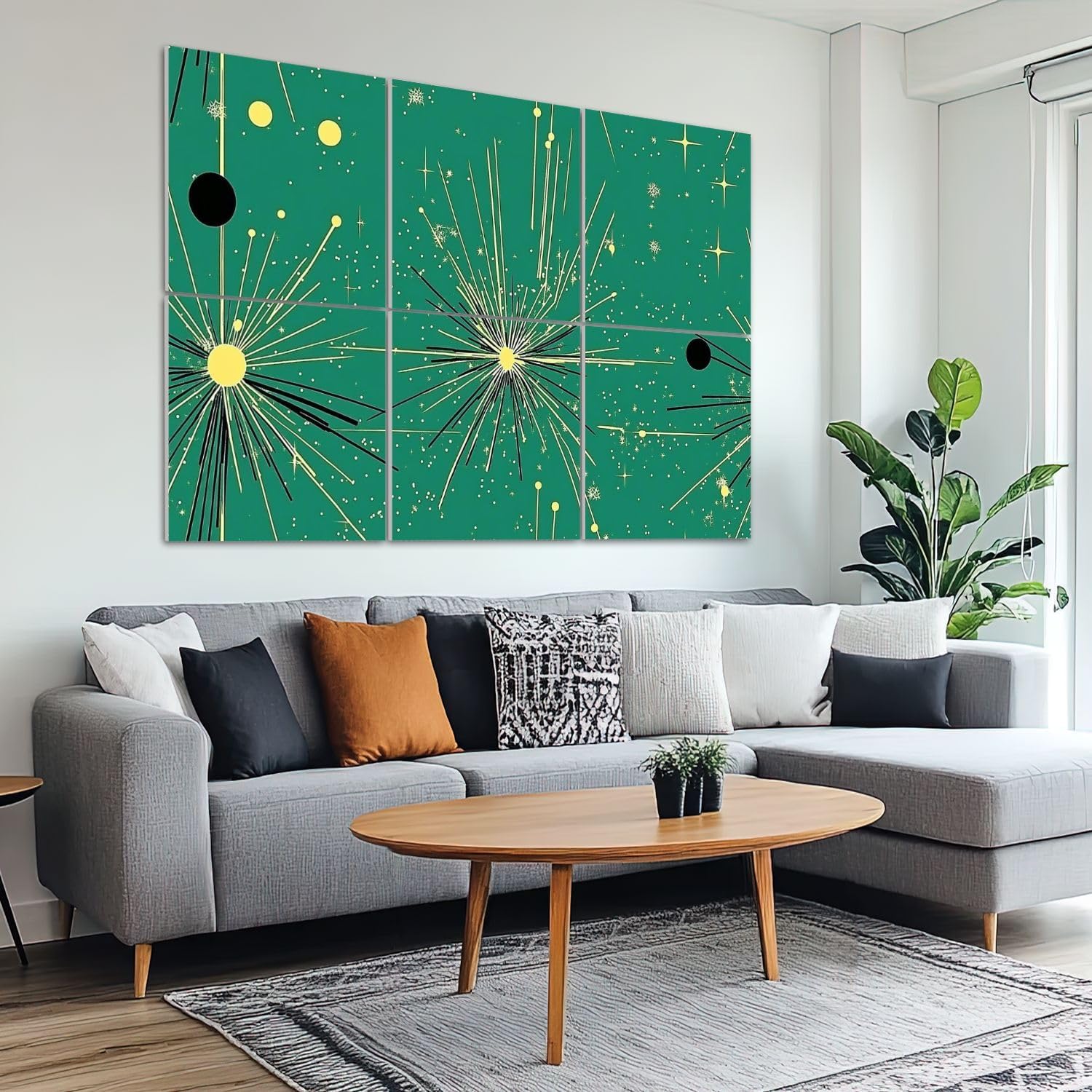 6 Pack Art Acoustic Panels Sound Absorbing Seamless Mid Century Modern Green Black Blue Fireworks Stars Circular Decorative Soundproof Wall Panels Self Adhesive for Recording Studios Office 72