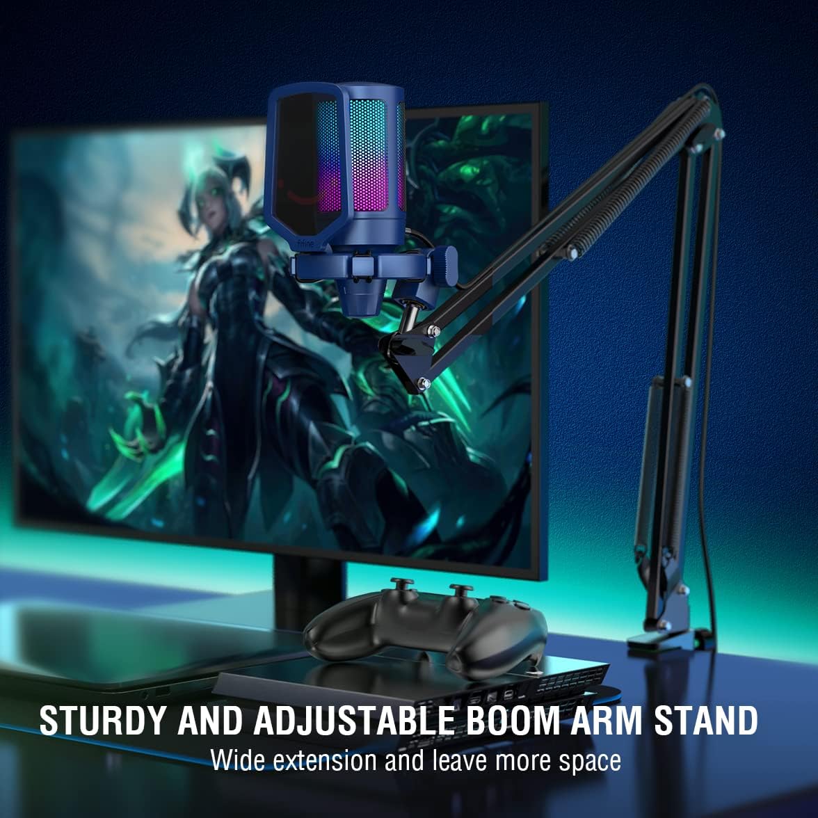 FIFINE Gaming PC Microphone USB Headset Bundle for Streaming Recording, RGB Condenser Computer Mic with Boom Arm Stand, Wired RGB Headset with EQ Mode, for Podcasts, Vocal, Video-Blue (A6TB+H6)