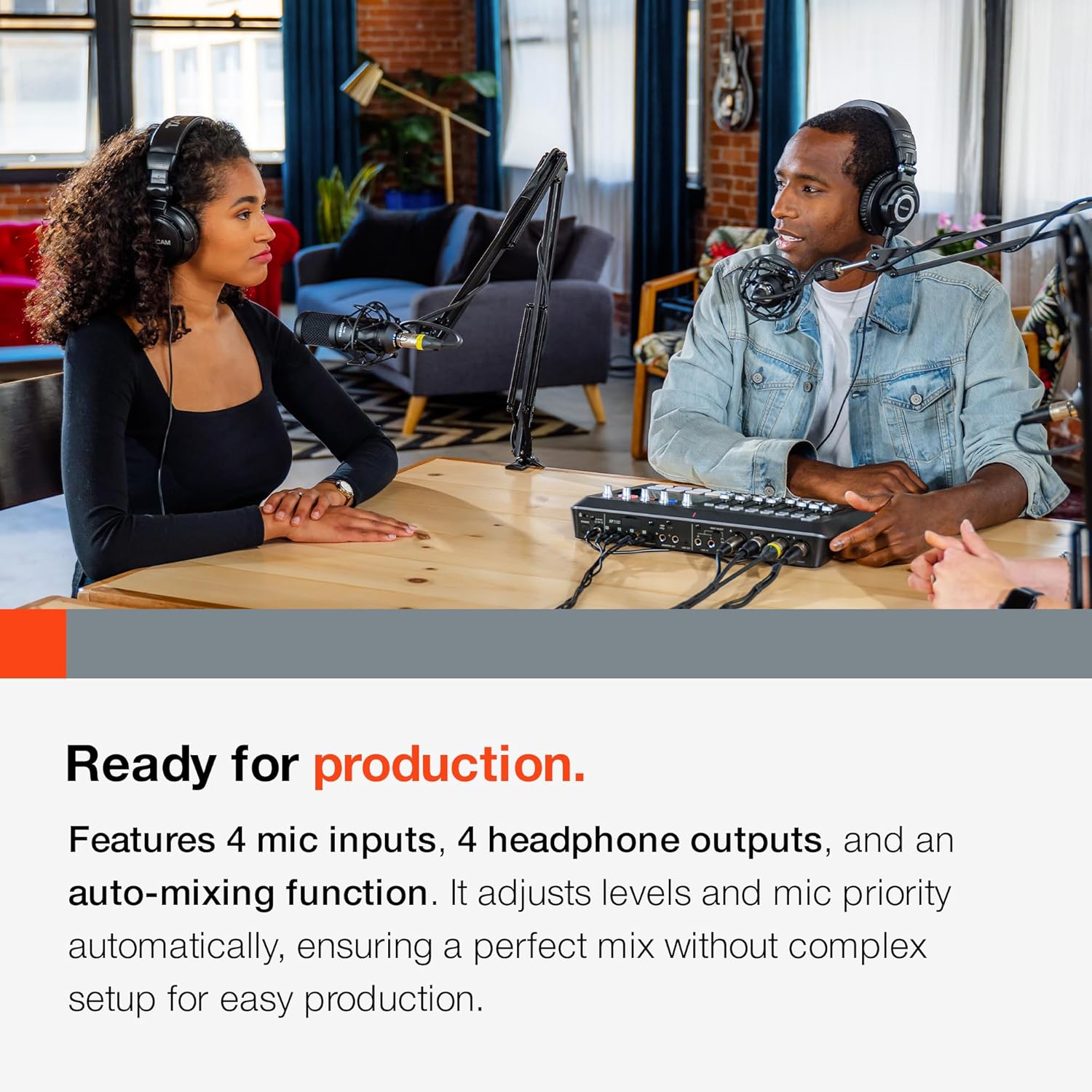 TASCAM Mixcast 4 Podcast Streaming Mixer, Recorder, and USB Audio Interface — Four XLR/TRS Mic Inputs, Touch Screen and Editing Software Included