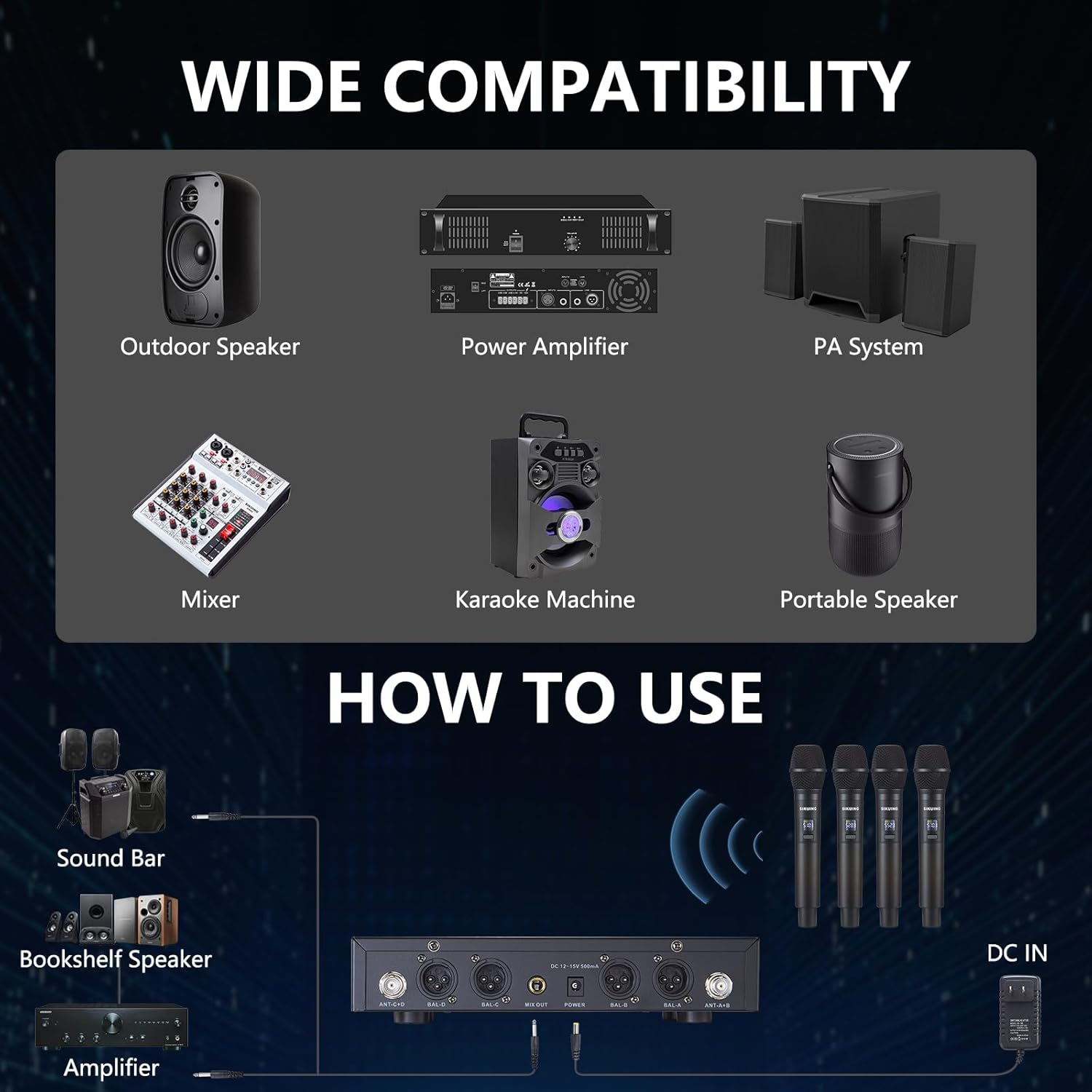 4 Channel UHF Wireless Microphone System with Cordless Handheld Mics, 4x50 Adjustable Frequencies, Ideal for Karaoke Meeting Church, 300ft Range (4 Handheld)