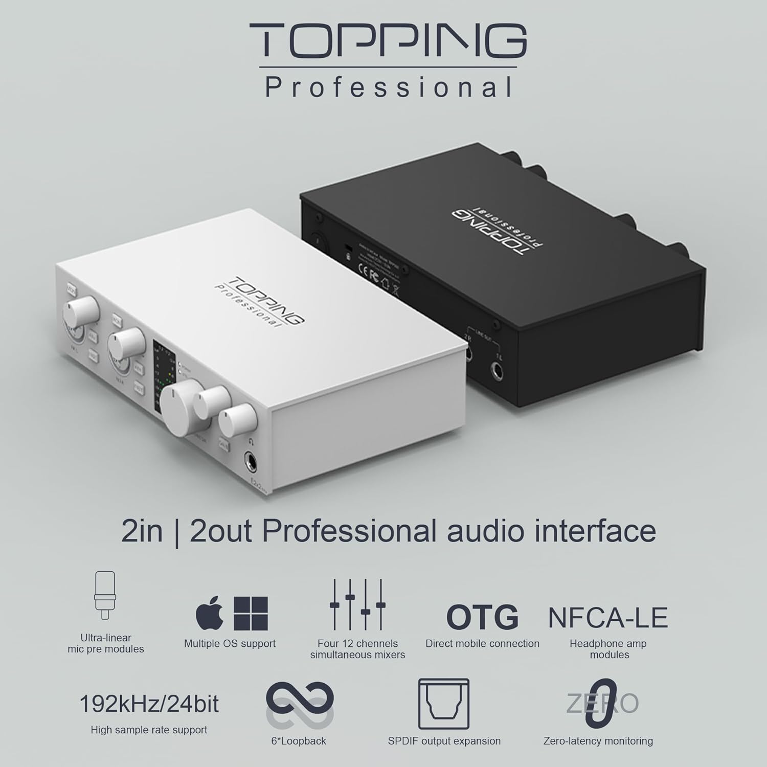 TOPPING E2x2 OTG USB Audio Interface - Ultra-Linear Preamp & Powerful Headphone Amp,Optical Output, Dual Mobile Streaming, Zero-Latency, 192kHz/24bit Recording, PC/Mobile Compatible(White)