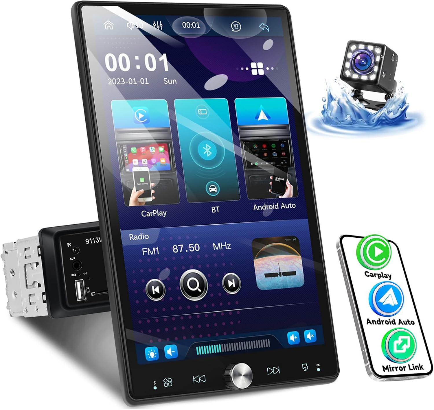 SIXTOP Single Din Car Stereo 10.4 inch Touch Screen 180°Rotate Vertical/Horizontal Screen Bluetooth Audio with Wireless CarPlay & Android Auto Mirror Link FM Radio EQ USB+ AHD Camera & MIC