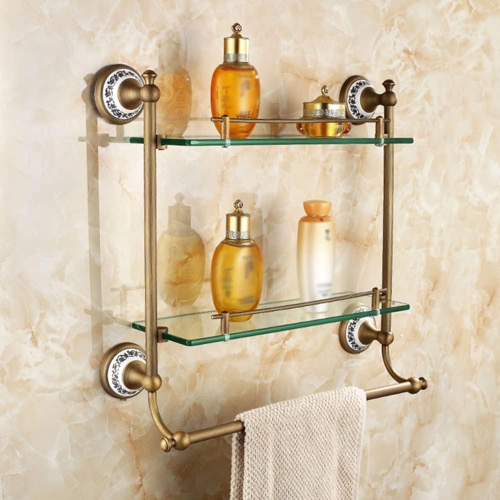 Shower Caddy Bathroom Glass Shelf 2 Tier, Coming with Towel Bar, Shower Caddy Bath Basket, Wall Mount, Antique Brass, Bronze Finish Bathroom Organizer