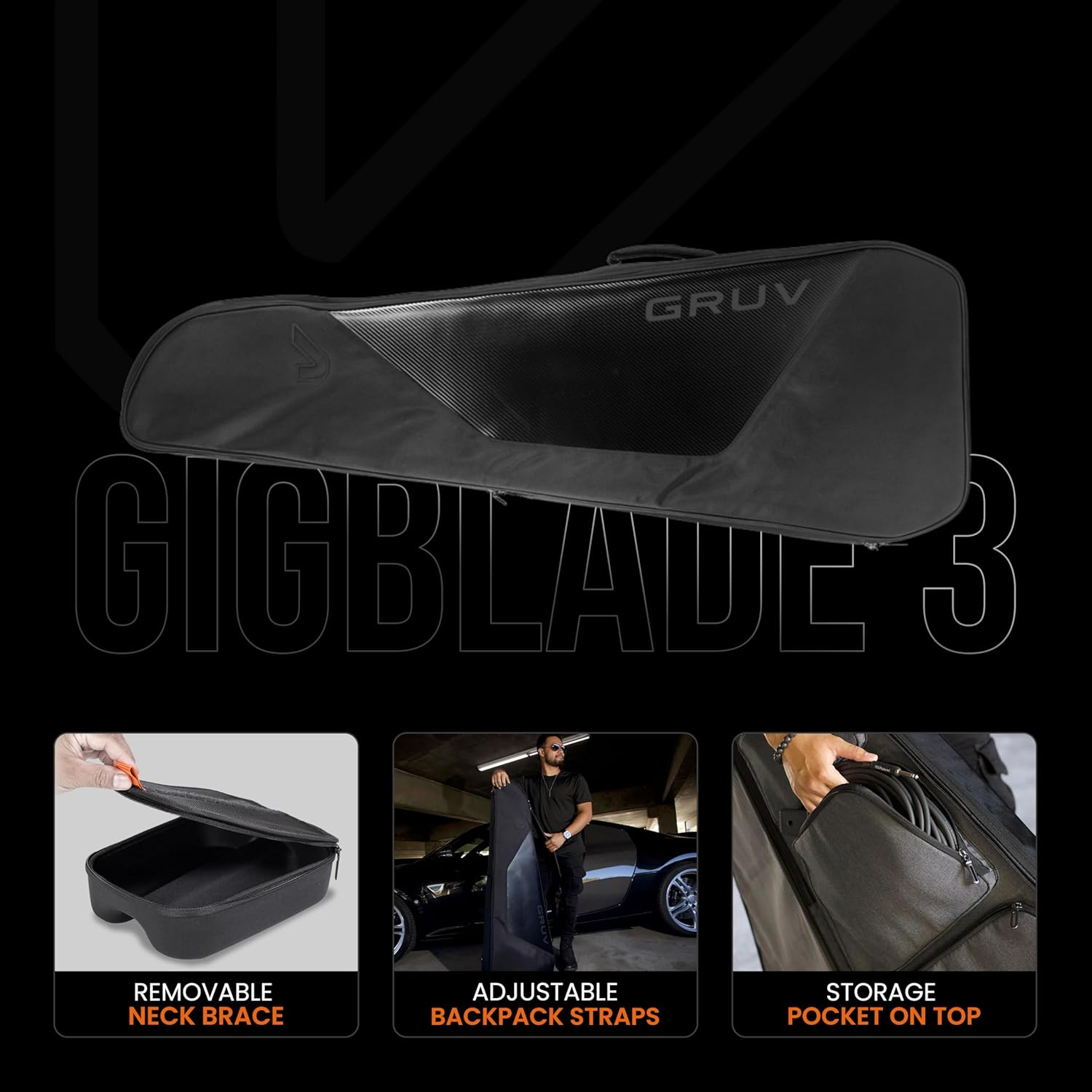 Gruv Gear GigBlade 3 Hybrid Side Carry Electric Guitar Travel Bag with Padded Interior, Large Zippered Pockets, Water Repellent Fabric & Removable Neck Brace - Gig Bag with Global Recovery Tag - Black