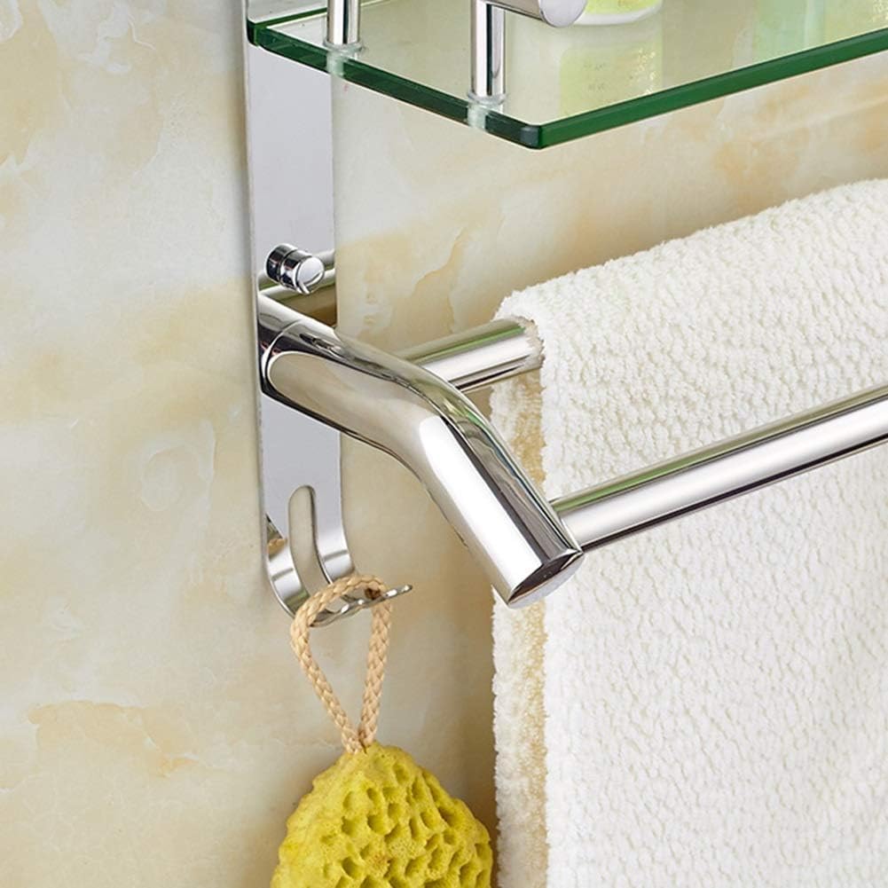 Shower Organiser Transparent Glass 304 Stainless Steel Wall-Mounted 2 Tiers Hook Up Towel Rack, 3 Styles, 3 Sizes (Size : #A-60x12x38cm)