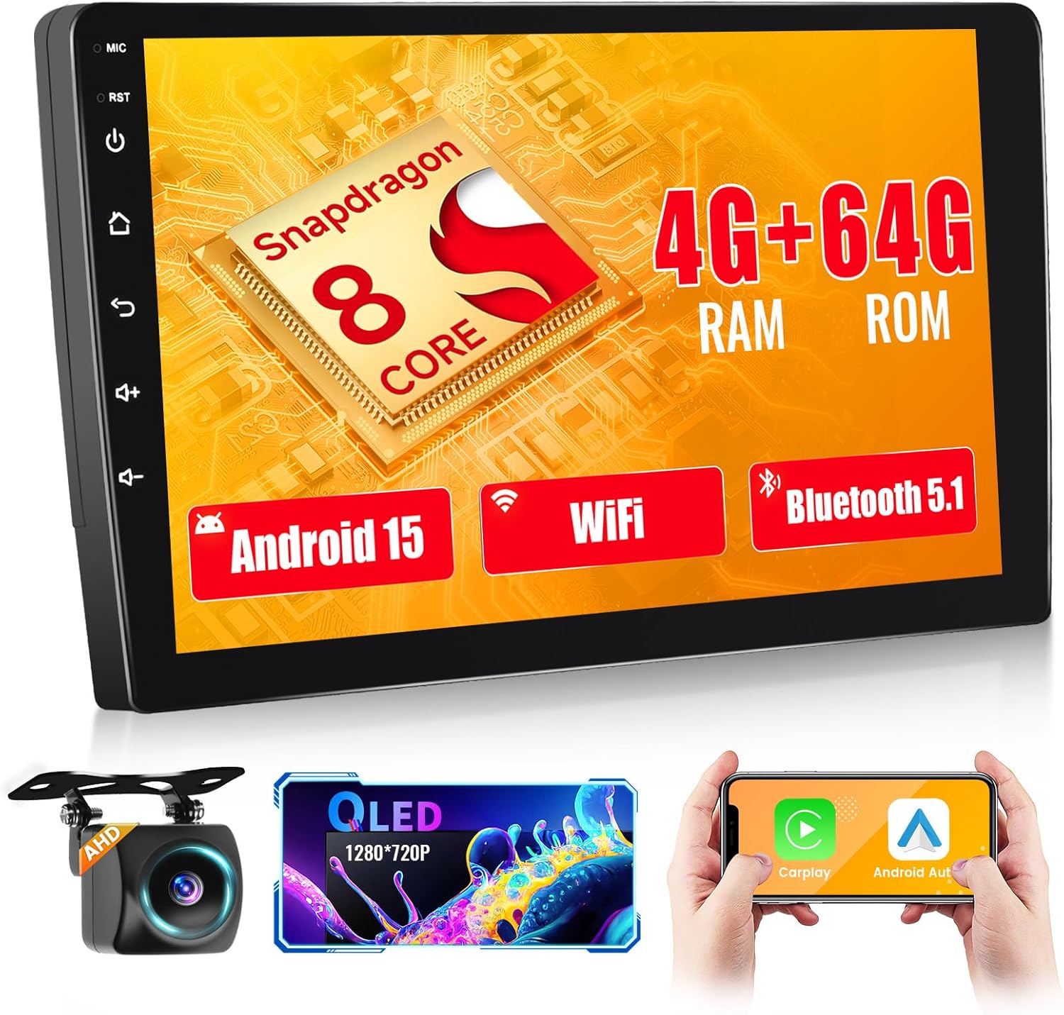 [Qualcomm] Hikity 8 Core 4+64GB Android 15 Double Din Car Stereo Wireless Carplay Android Auto, 9 Inch Touchscreen Car Radio with GPS Bluetooth WiFi Backup Cam DSP/FM/RDS SWC Mic