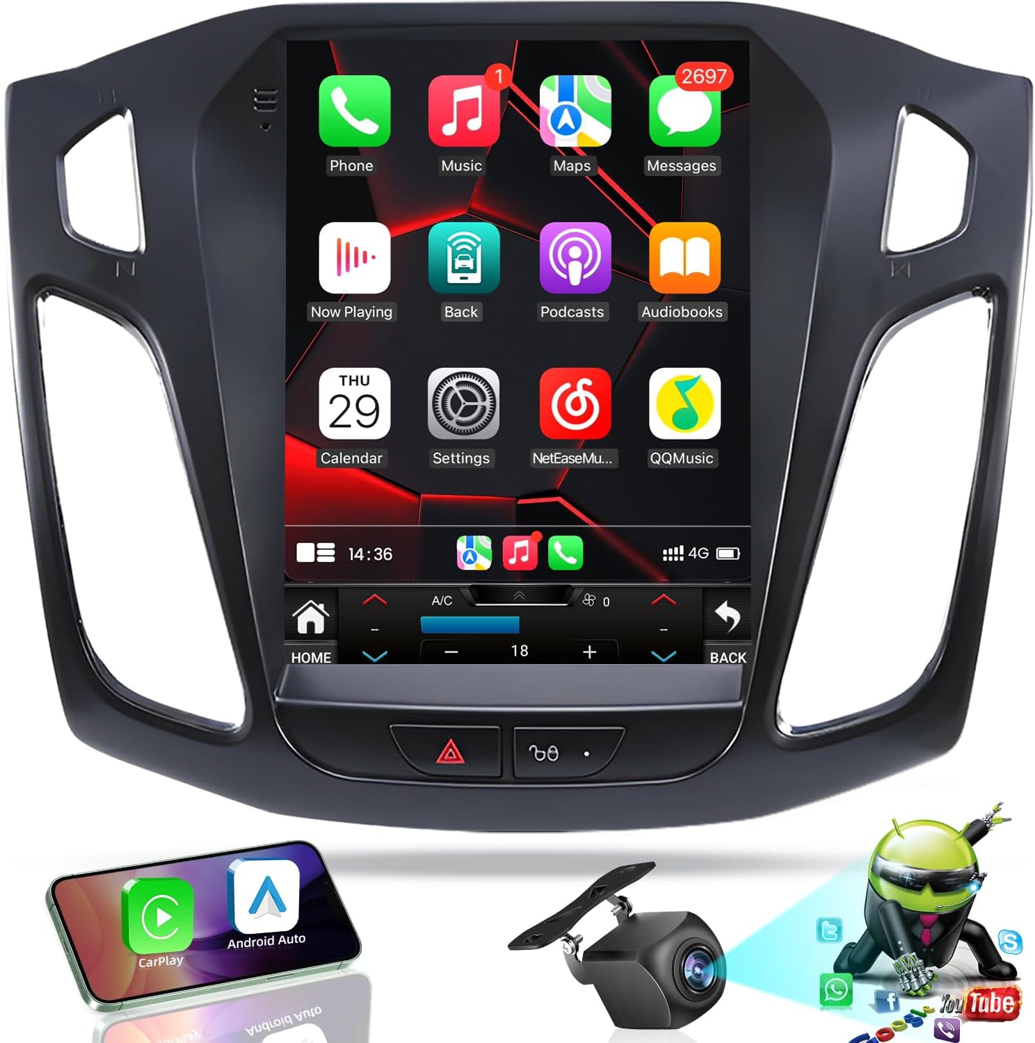 10.4 inches Android12 Car Stereo Ford Focus Radio Upgrade 2012-2018 with Touch Screen 1024 * 768 RDS Auto with GPS Bluetooth 5GWiFi Backup Camera