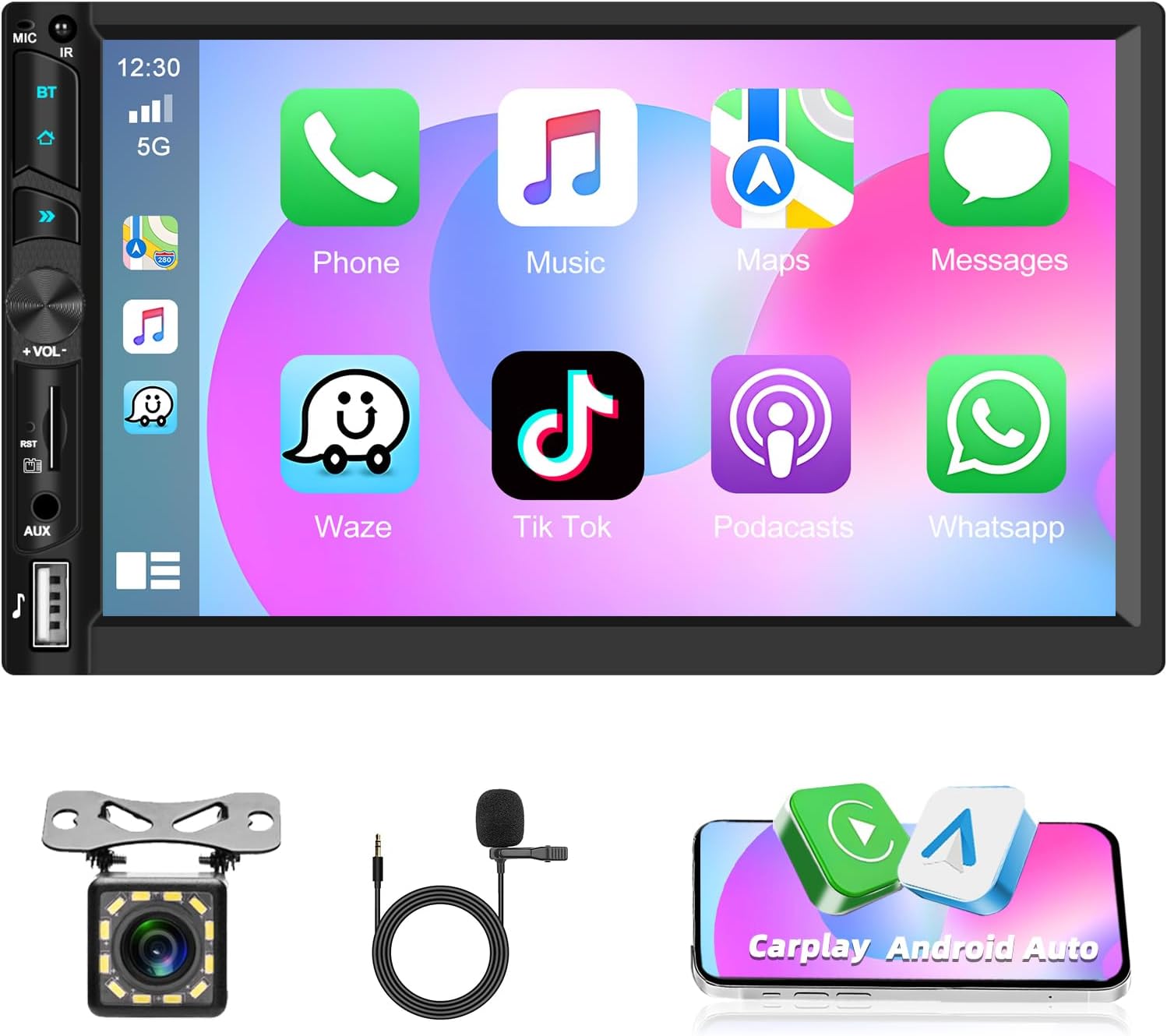 Double Din Car Stereo Radio Retractable IPS Touch Screen Bluetooth Audio with Wireless Carplay & Android Auto FM Radio EQ SWC Mirror Link Backup Camera Support USB/Type-C