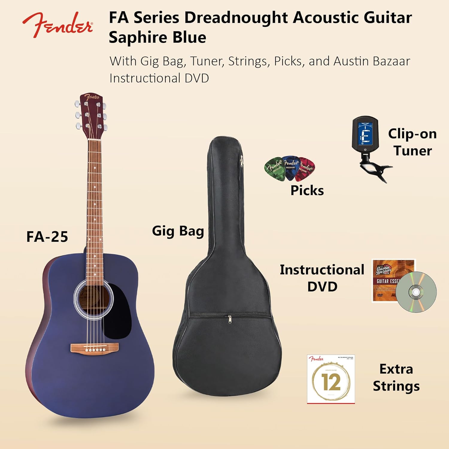 Fender FA Series Dreadnought Acoustic Guitar - Saphire Blue Bundle with Gig Bag, Tuner, Strings, Picks, and Austin Bazaar Instructional DVD
