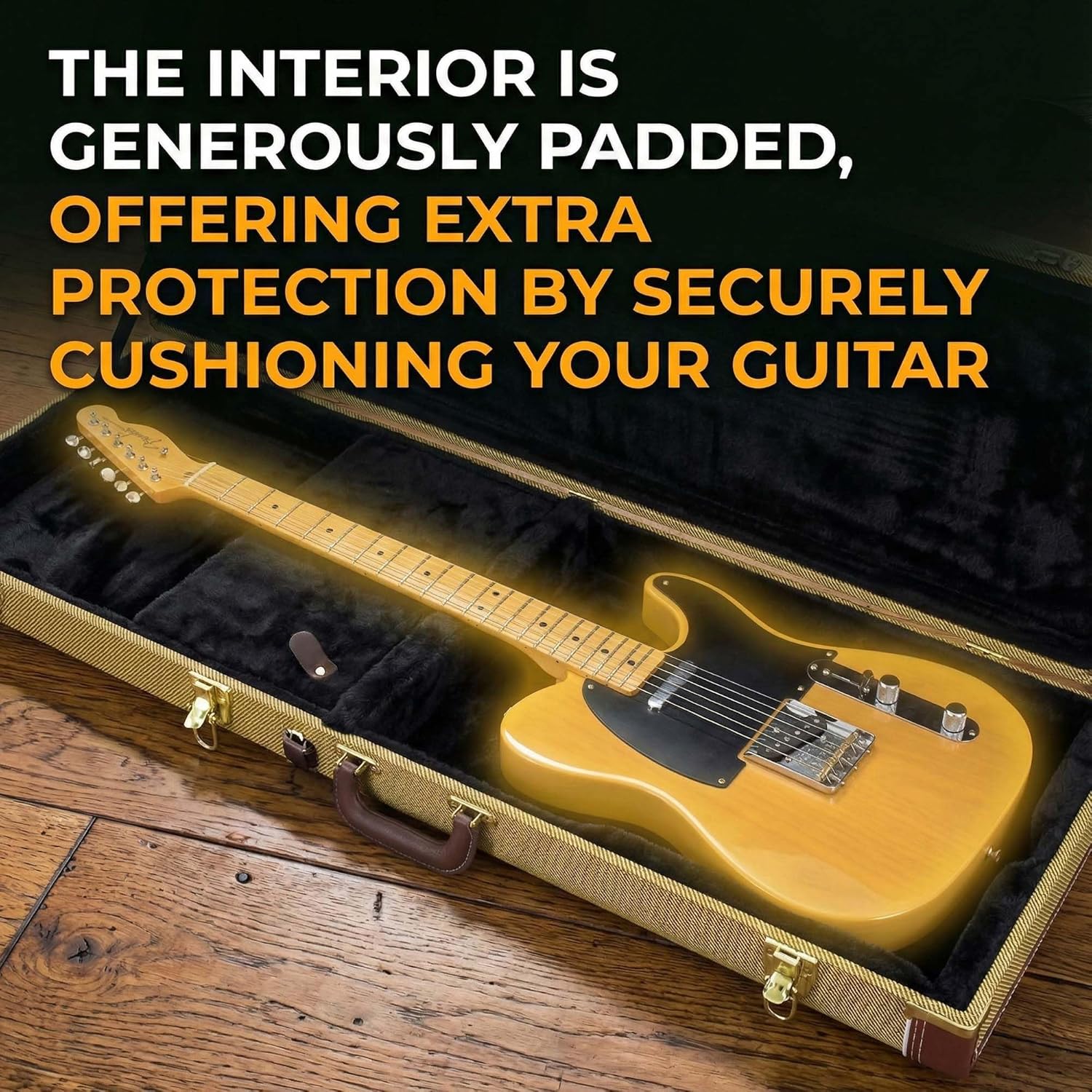 Gearlux Electric Guitar Hard Case for Fender Stratocaster/Telecaster and Standard-Size Guitars with Exterior Lock and Key, Interior Accessory Compartment, and Plush Interior Padding - Tweed