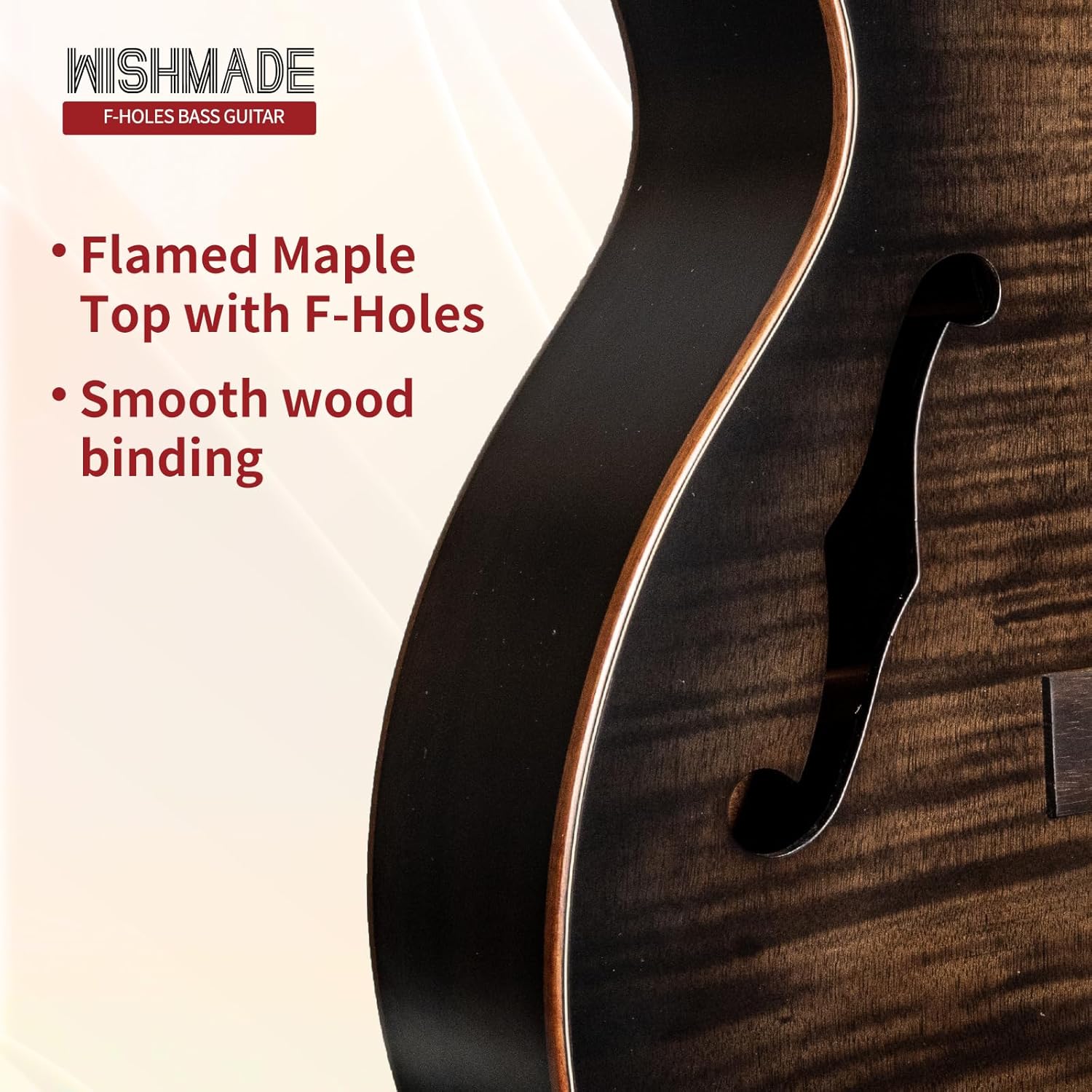 WISHMADE Electric Bass Guitars With F-Holes, Acoustic Bass Guitar For Beginners, Flamed Maple Top With Gig Bag (BLB-400-BK)