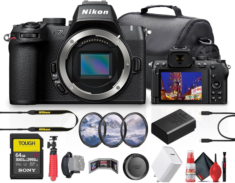 Nikon Z50 II Compact Lightweight Mirrorless Digital Camera (1784) + 64GB Memory Card + Camera Bag + Tripod + Cleaning Kit + USB-C Cable + USB-C Adapter + Hand Strap + Card Wallet + More (Renewed)