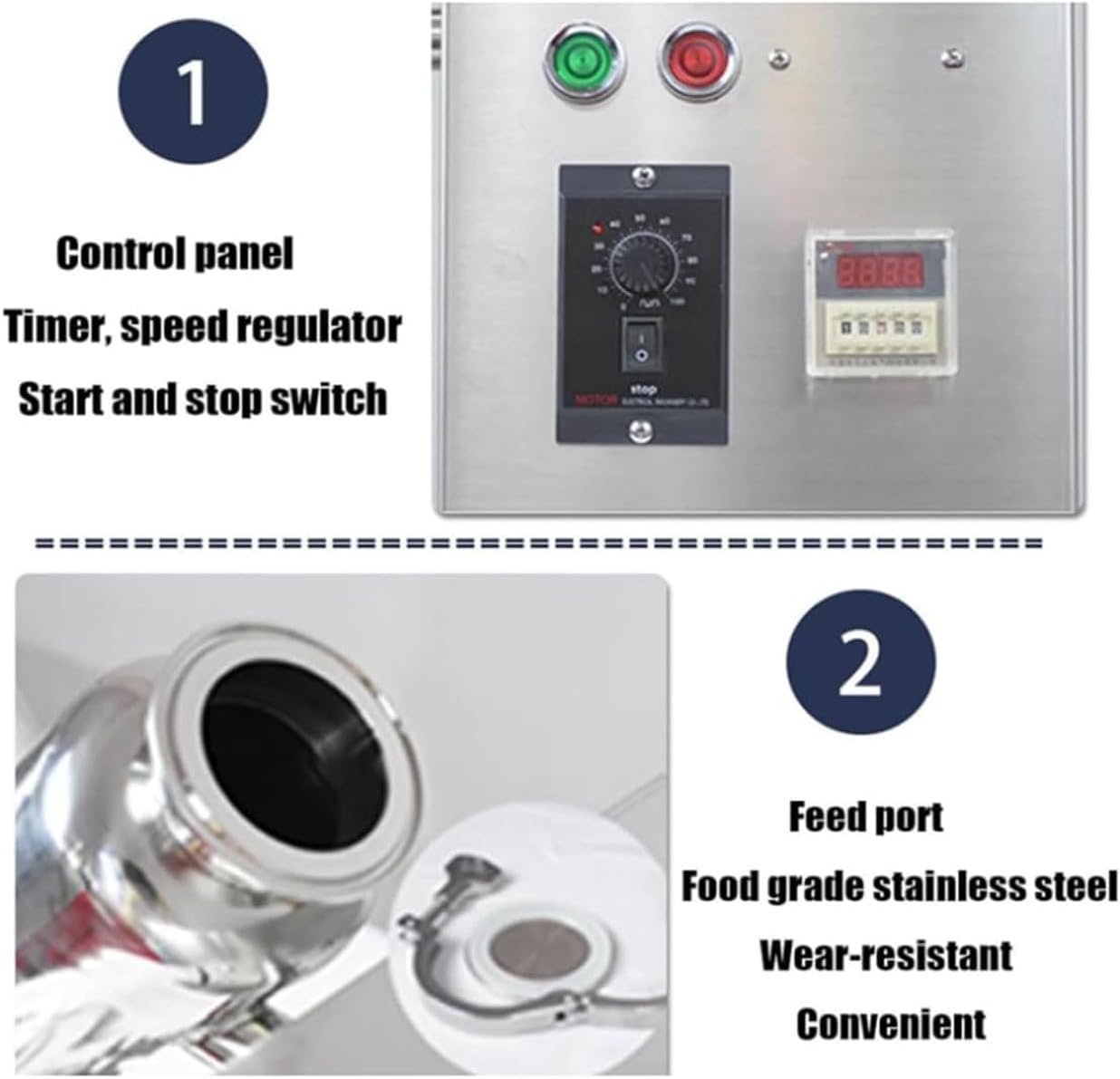 Powder Mixer Blender Feed Mixing Machine, 2L V-Type Dry Powder Mixer Stainless Steel Particle Granule Blender, Adjustable Speed, for Feed, Fertilizer, Fuel, Medicinal Powder