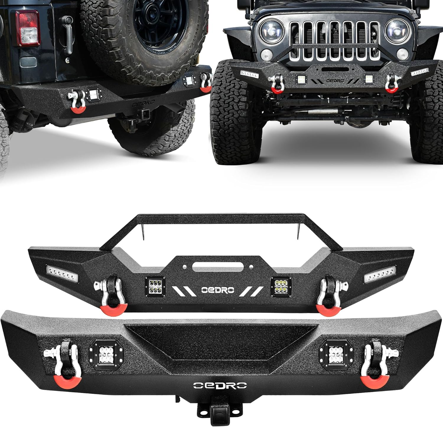 OEDRO Front and Rear Bumper Fit for 2007–2018 Jeep Wrangler JK JKU Unlimited (2/4 Door), Rock Crawler Bumper w/Fog Light Housing, 2 LED Lights, 2