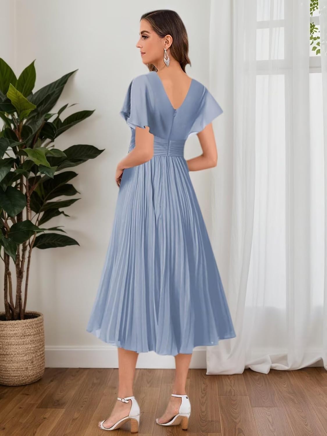 BANTRATIC Tea Length Mother of The Bride Dresses for Wedding Cap Sleeve Chiffon V Neck Pleated Formal Prom Cocktail Gown