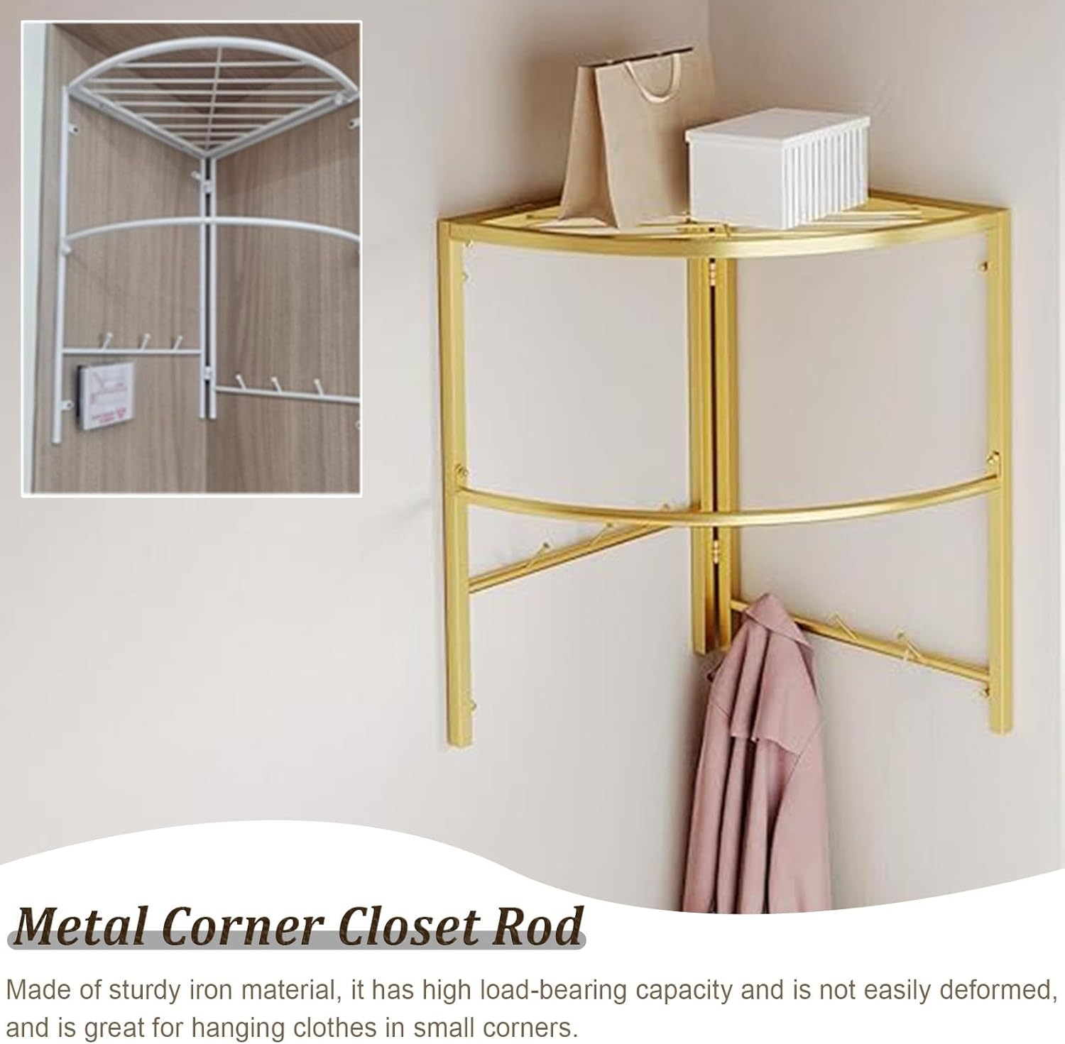 Closet Rod Curved Closet Clothes Hanging Shelf for Corner, Metal Wardrobe Corner Hanger Wall Mount, Clothing Drying Rack for Cloakroom/Laundry(White)