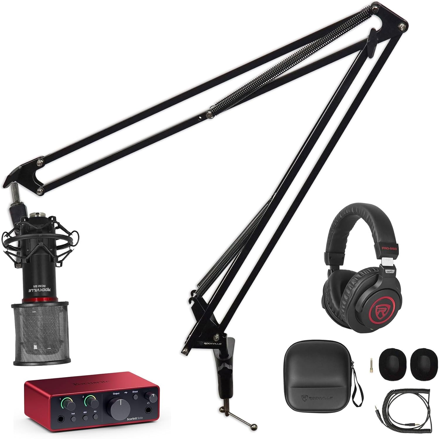 Audiosavings Bundle: Focusrite Scarlett Solo 4th Gen Studio Recording USB Audio Interface Bundle with Rockville RCM SR Microphone+PRO-M50 SR Headphones+DMS40 40