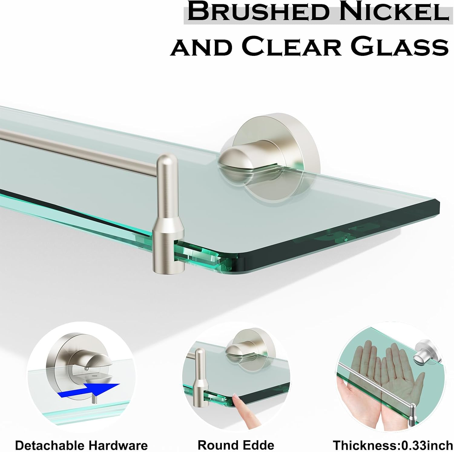 Glass Shelf for Bathroom 2 Pack,24-Inches Floating Glass Shelves Towel Bar/Track(Brushed Nickel)