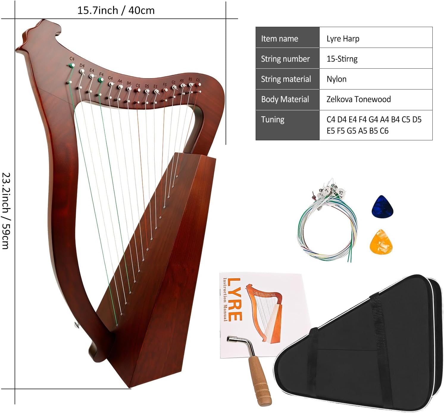 Lyre Harp, 23 Inches 15-String Zelkova Lyra Harp Kit, Stringed Musical Instruments with Tuning Wrench Gig Bag Instructions Extra Strings for Beginners Adults