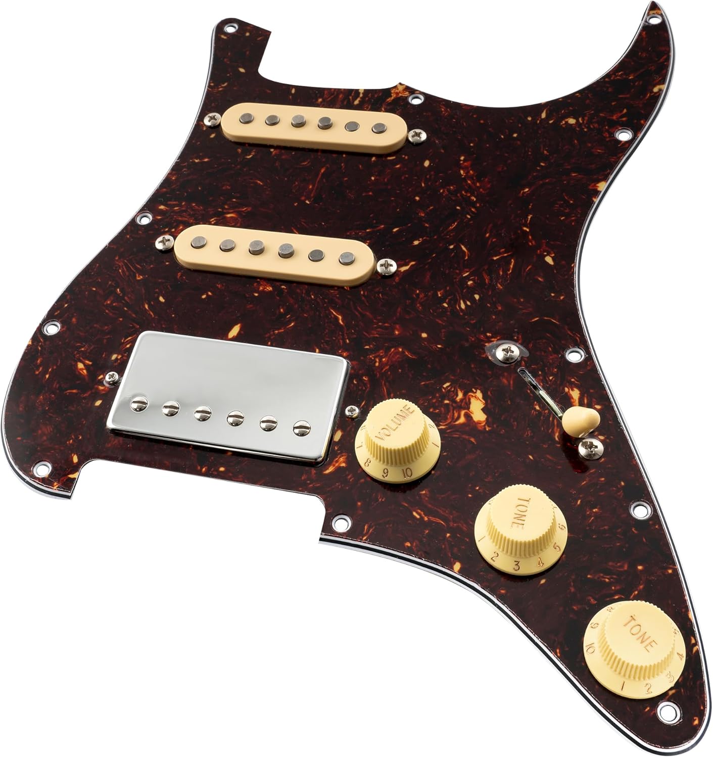 Musiclily Pro HSS Pre-wired Pickguard ST Guitar Loaded Pickguard with Artec Alnico 5 Single Coil Humbucker Pickups for American/Mexico Squier Strat Style Electric Guitar, 4ply Tortoise Shell