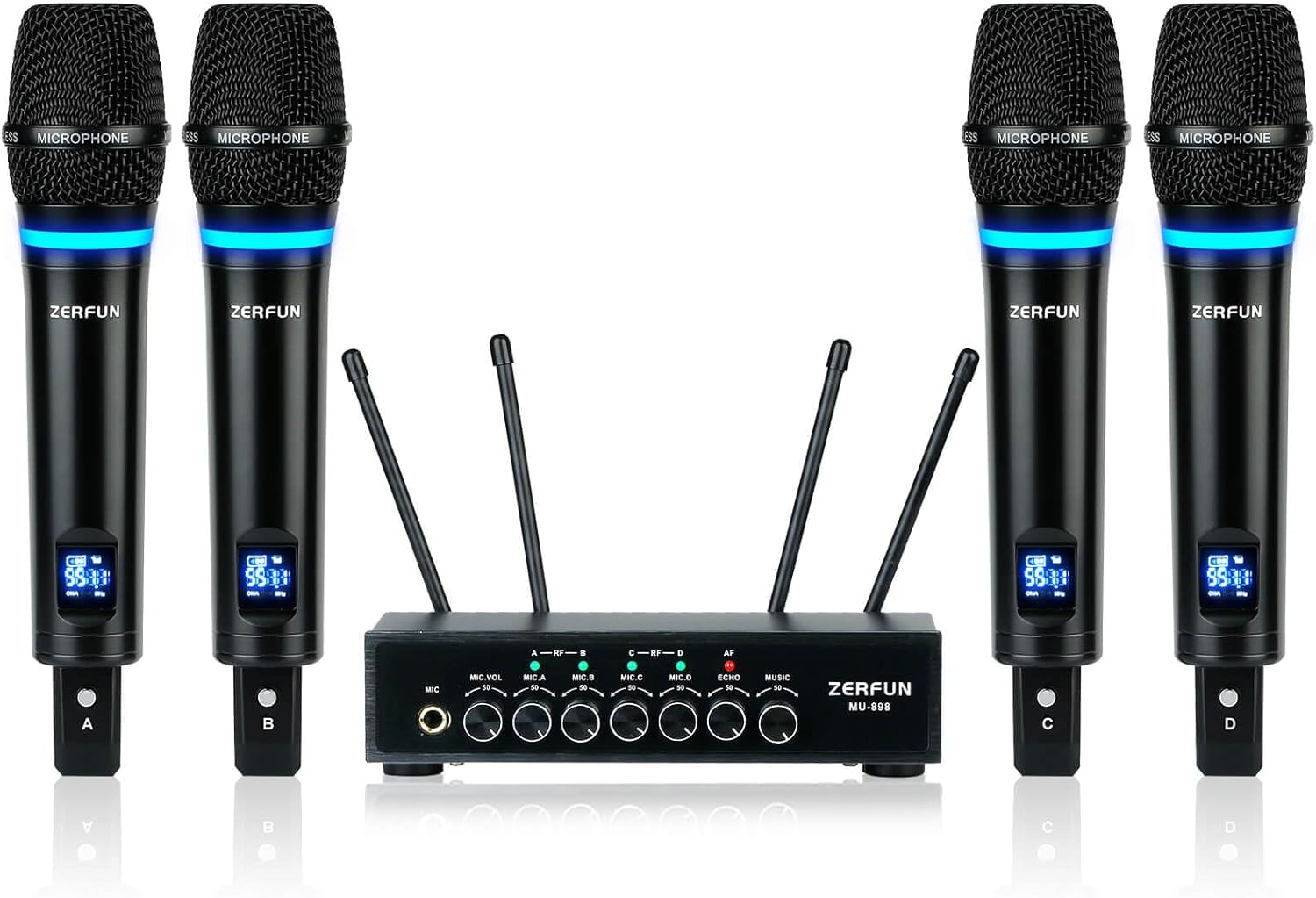 Rechargeable Wireless Microphone System 4 Channel Pro, UHF Metal Handheld Wireless Mics Cordless for Church Karaoke Singing with Bluetooth Echo Volume Control, 4x50 Frequency(MU-898)