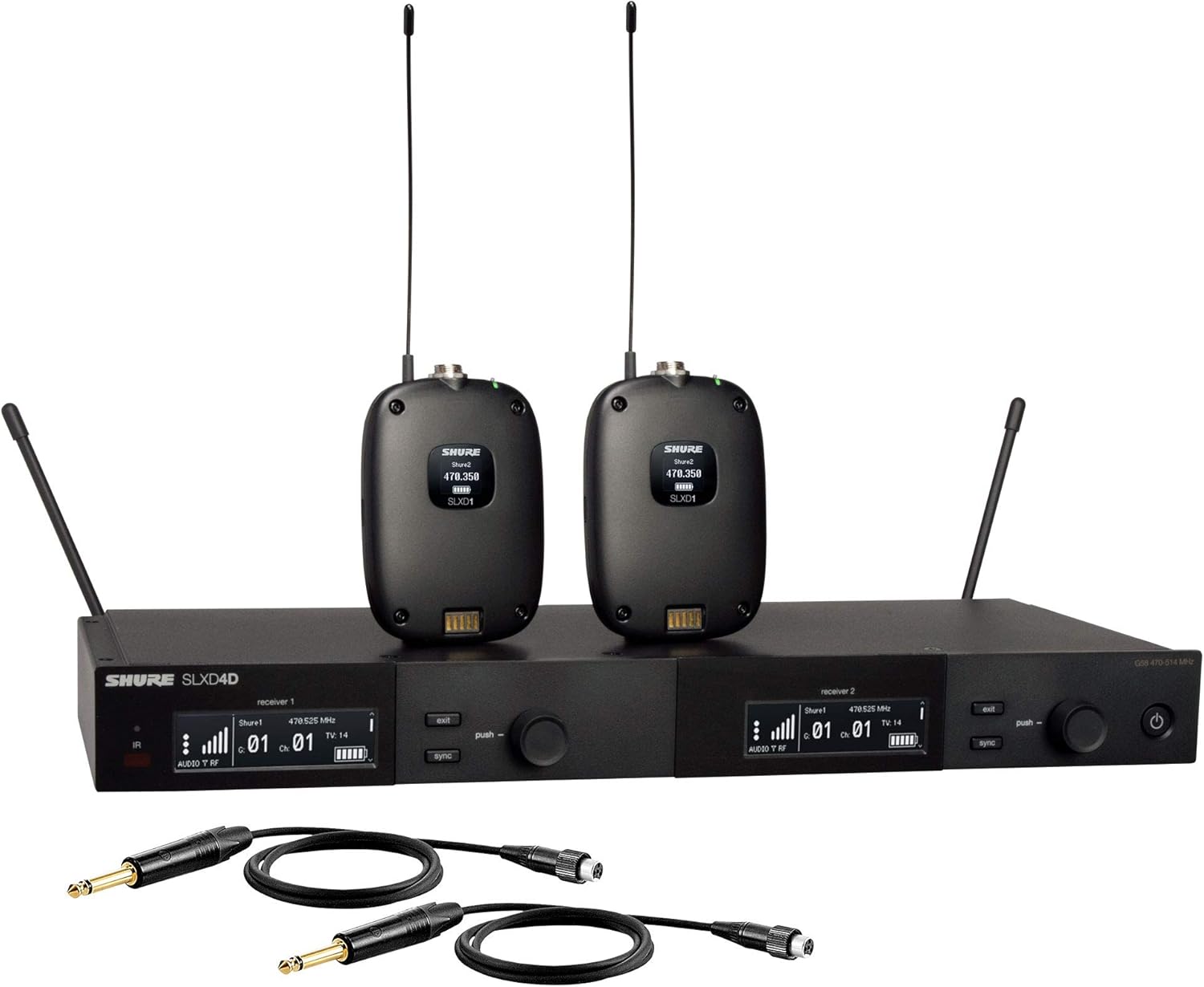 Shure SLXD14D Dual Channel Digital Wireless System with Two SLXD1 Bodypack Transmitters - Microphones and/or Instrument Cables Sold Separately | G58 Band (SLXD14D-G58)