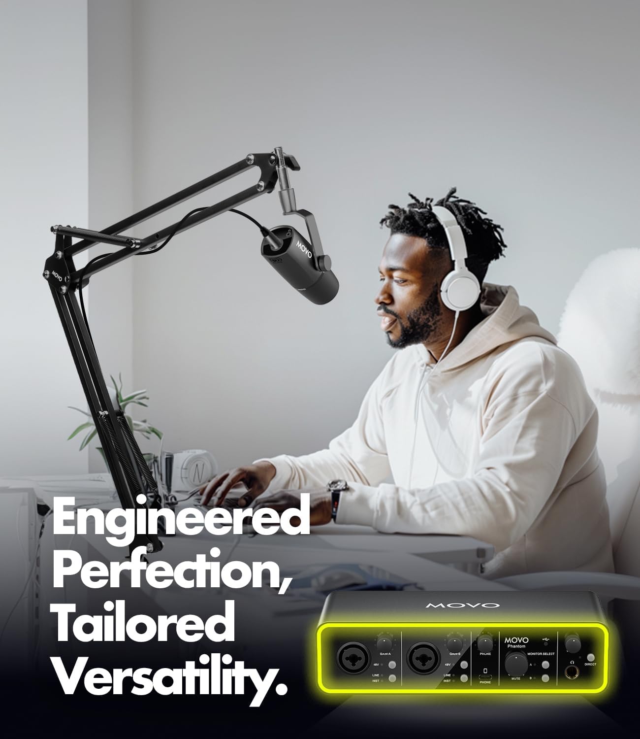 Movo Music Audio Interface Bundle - Phantom USB Audio Interface, UM6 XLR/USB-C Dynamic Microphone, and Boom Arm - Professional Studio Setup for Musicians, Singers, and Producer