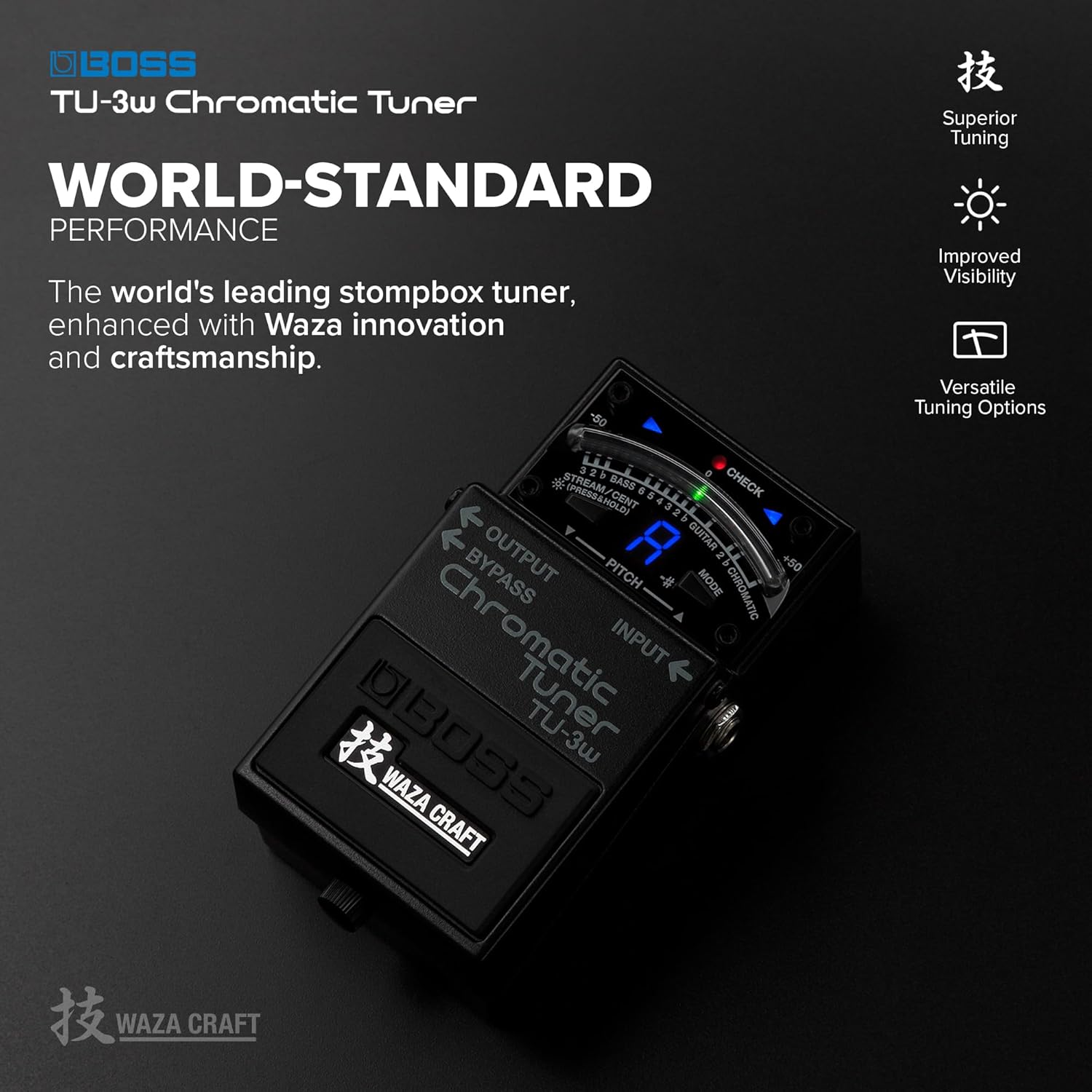 BOSS TU-3W Waza Craft Compact Chromatic Tuner | Enhanced with Waza Innovation & Craftsmanship | Superior Tuning for Guitar and Bass | 21-Segment Blue LED Meter | Accu-Pitch Sign Function