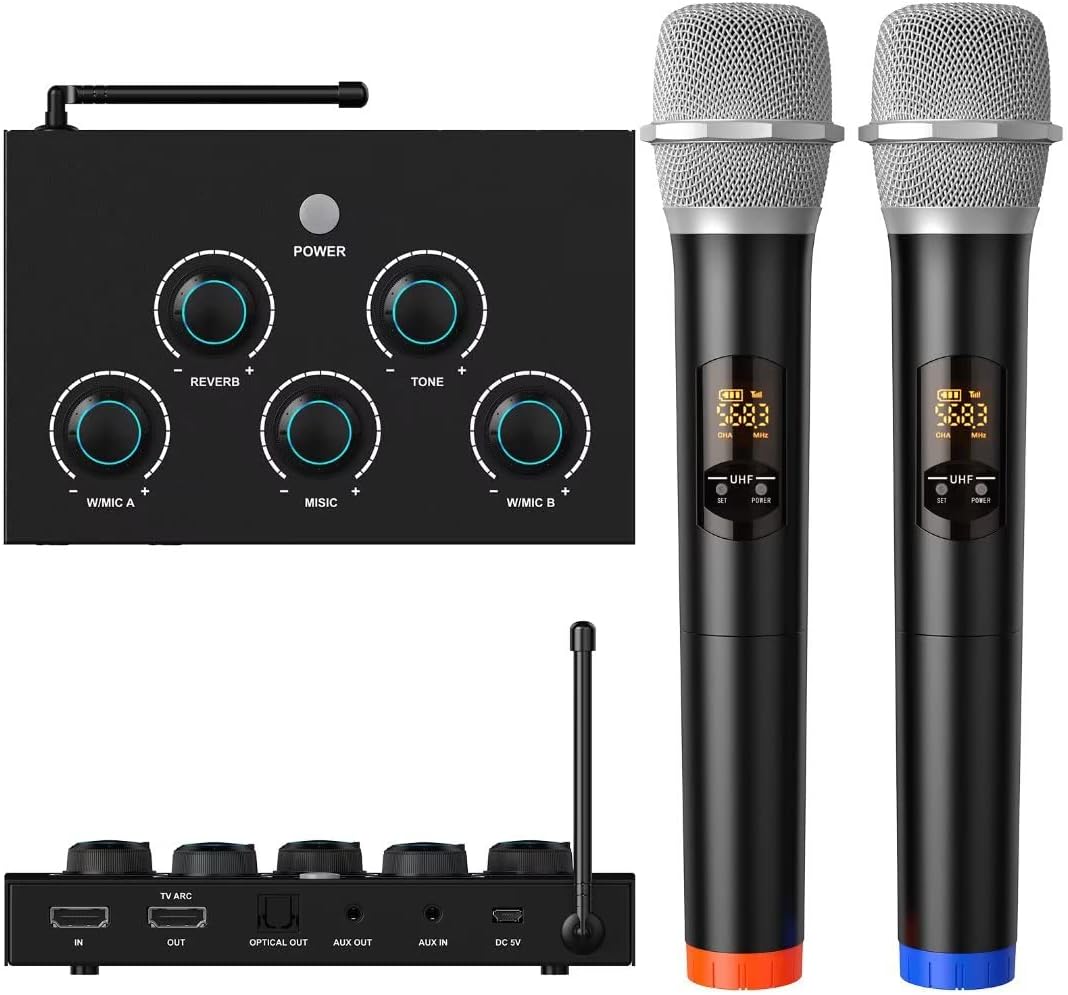 DIGITNOW!Portable Karaoke Microphone Mixer System Set, with Dual UHF Wireless Mic, HDMI-ARC/Optical/AUX & HDMI In/Out in Singing Receiver for Smart TV, PC, KTV, Home Theater, Amplifier, Speaker