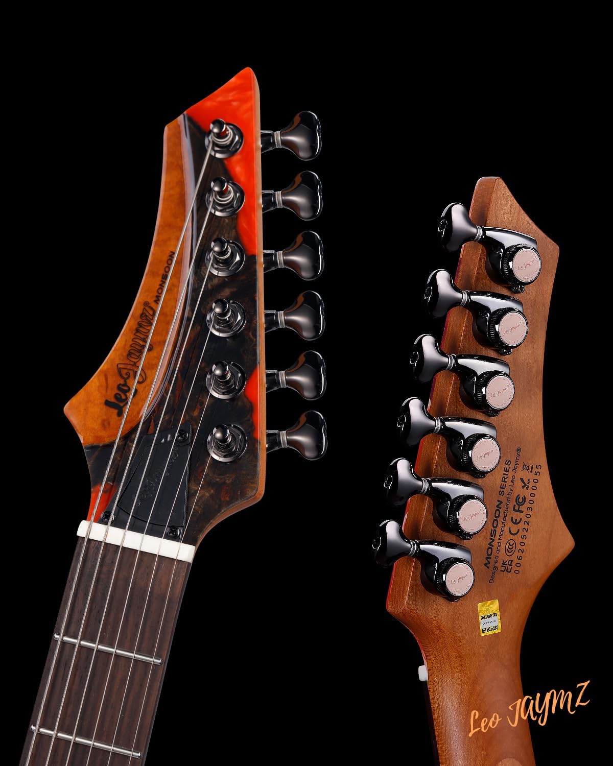 Leo Jaymz Electric Guitar Monsoon Deluxe Series, Reverse Headstock, Burl Top, Mahogany Body, Roasted Maple Neck, Rosewood Fretboard, Case (Red)