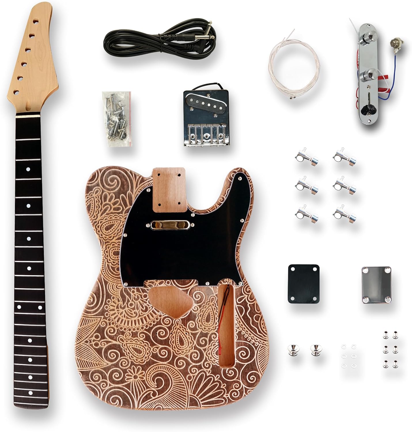BexGears DIY Electric Guitar Kits for TL style engraved surface natural color Okoume wood Body maple neck & composite ebony fingerboard