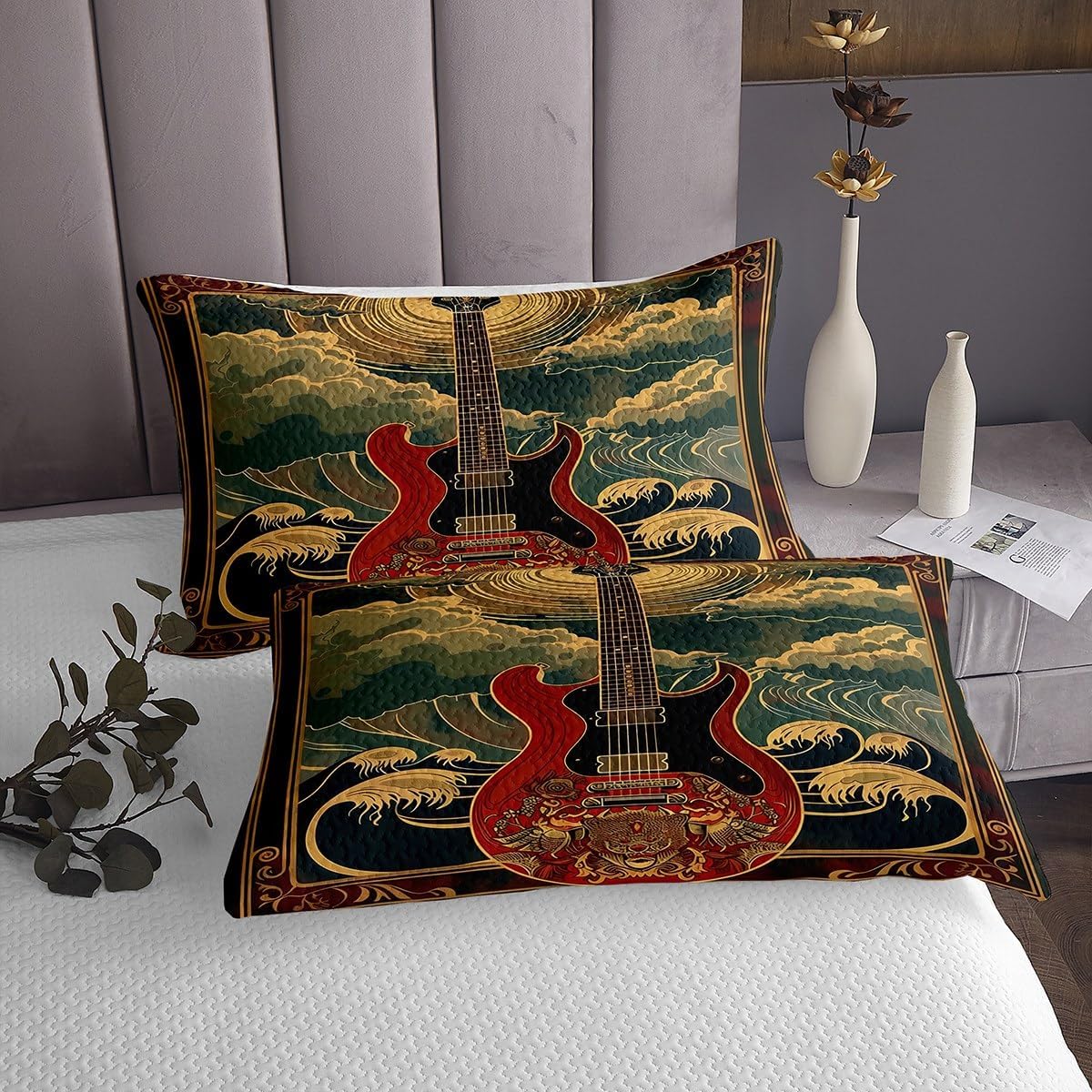 Manfei Red Bass Bedspread King,Rock Music Theme Electric Guitar Quilted Coverlet 3pcs for Adults Teens Room Decor,Japanese Style Ocean Waves Ukiyo-e Soft Breathable Bedding Quilt