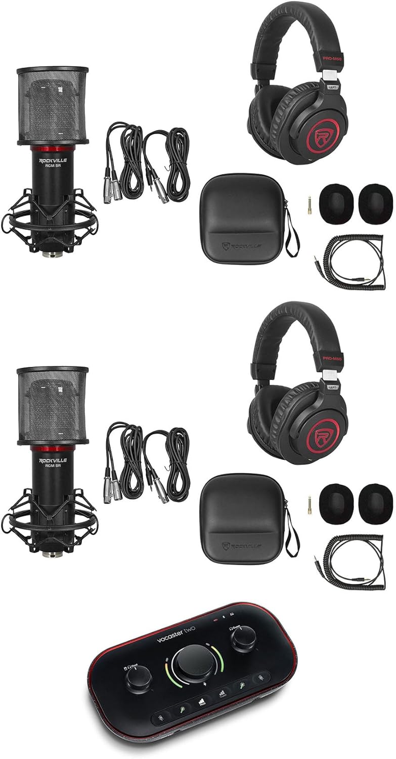 Audiosavings Bundle: (1) Focusrite Vocaster Two USB-C Audio Recording Interface Bundle with (2) Rockville Studio Headphones & (2) Rockville RCM SR Studio/Recording Condenser Microphone (5 Items)