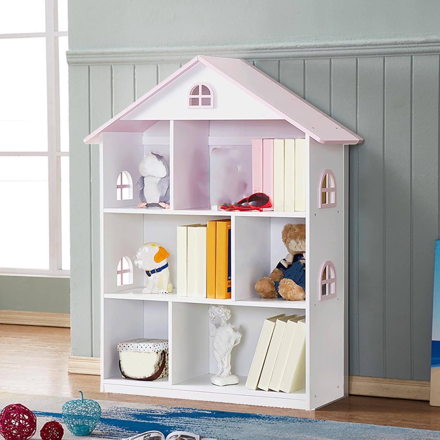 Wooden Dollhouse Bookshelf, 3 Tier Pink and White Kids Bookcase Toy Storage Organizer, Doll House Bookcase for Childrens Bedroom Playroom Nursery Classroom for Boys Girls Ages 3-8 Years Old