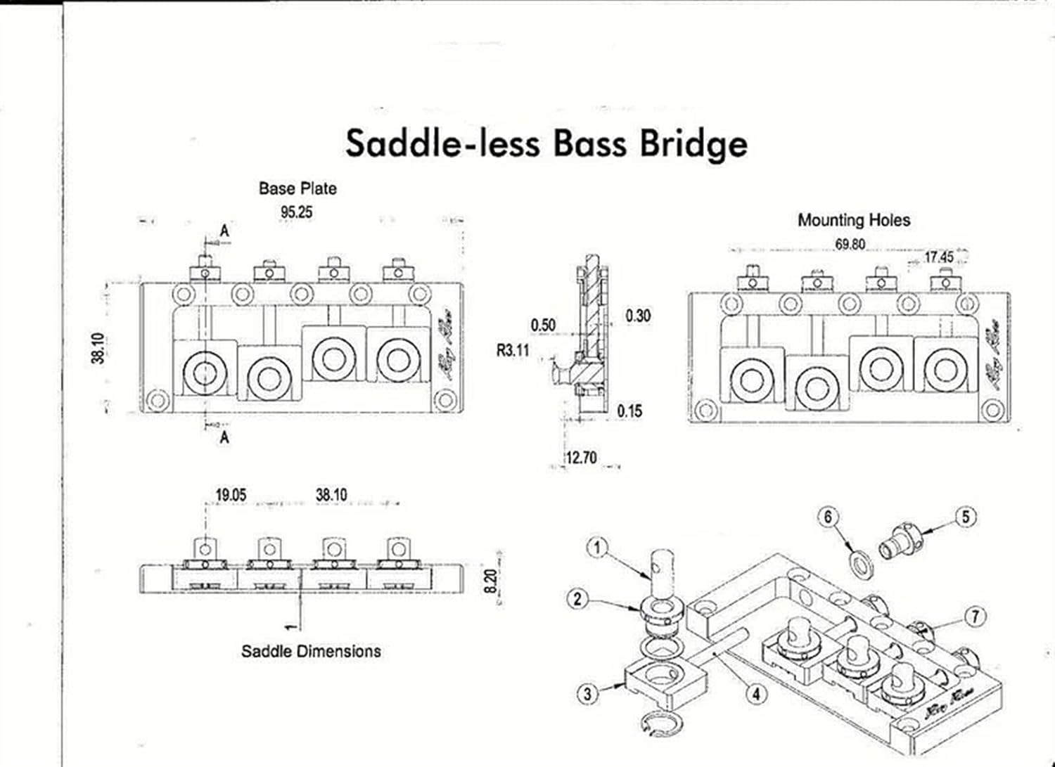 Saddle-Less 4 String Bass Bridge Gold Electric Guitar Bridge