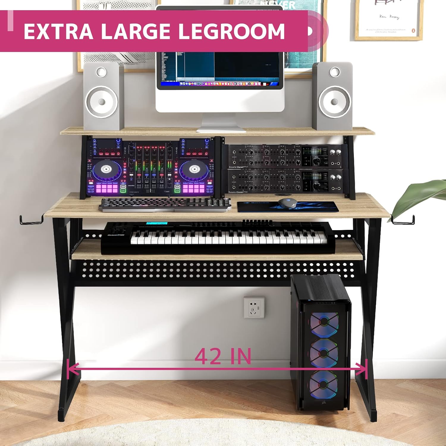 Acme Furniture Rectangular Music Desk Table with Earphone Rack, Natural and Black