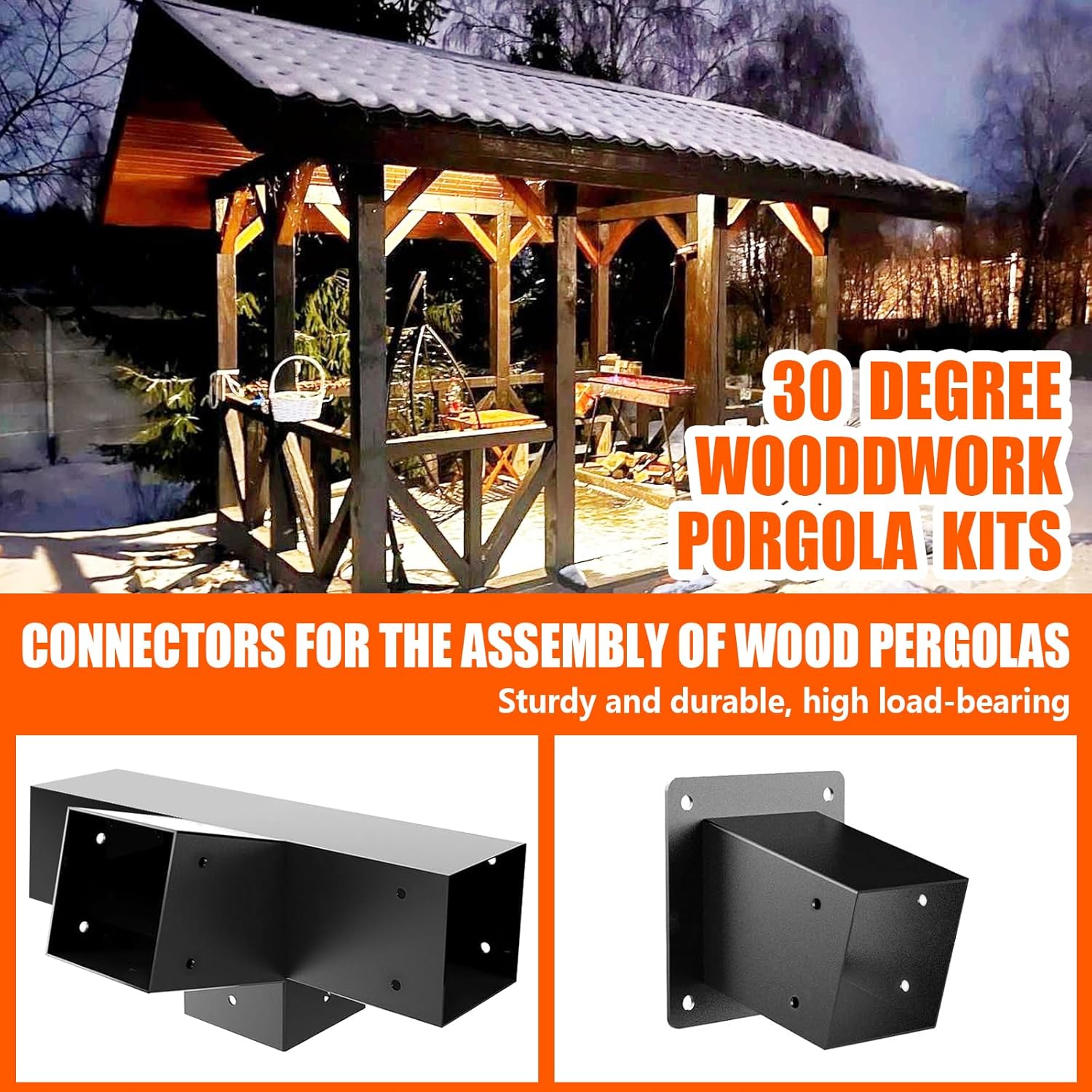 30° Slanted Roof Pergola Brackets Kit,4-Way Right Angled Corner Bracket with Wall Mount Post Base for 4x4 (Actual:3.5