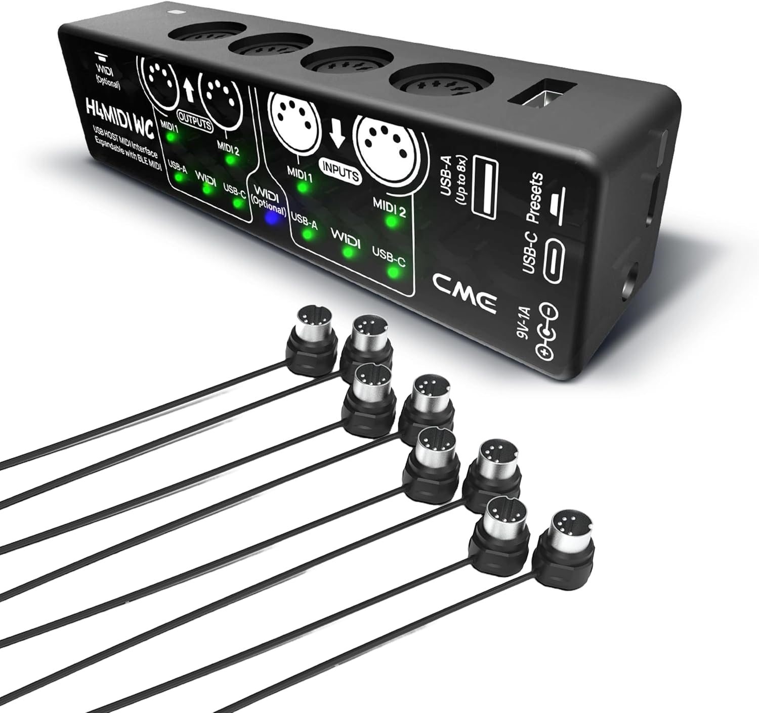 CME H4MIDI WC + 4-Pack 3-FT MIDI Cables - USB Host MIDI Interface with Router, Mapper & Filter + 4-Pack 3-FT 5-pin DIN MIDI Cables for compact spaces