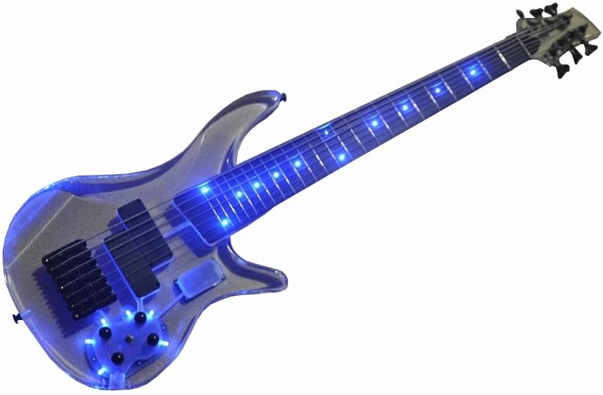 7-String Electric Bass Guitar with Blue LED Acrylic Body, Rosewood Fretboard, and Black Hardware