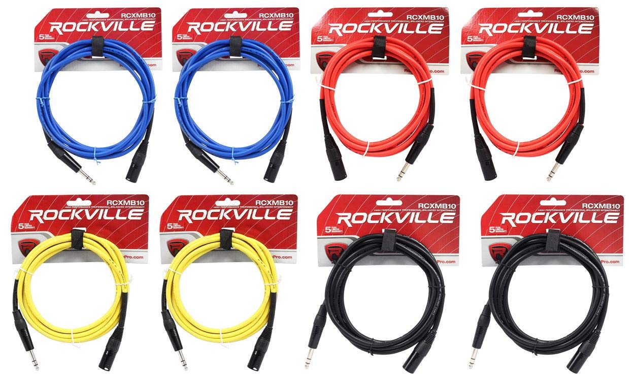 Rockville RCXMB10 10-Foot REAN XLR Male to 1/4-In TRS Balanced Audio Cables, 24 AWG OFC Copper Conductors, 90% Spiral Shield, Nickel-Plated Connectors, Black Blue Red Yellow Colors, 8-Piece