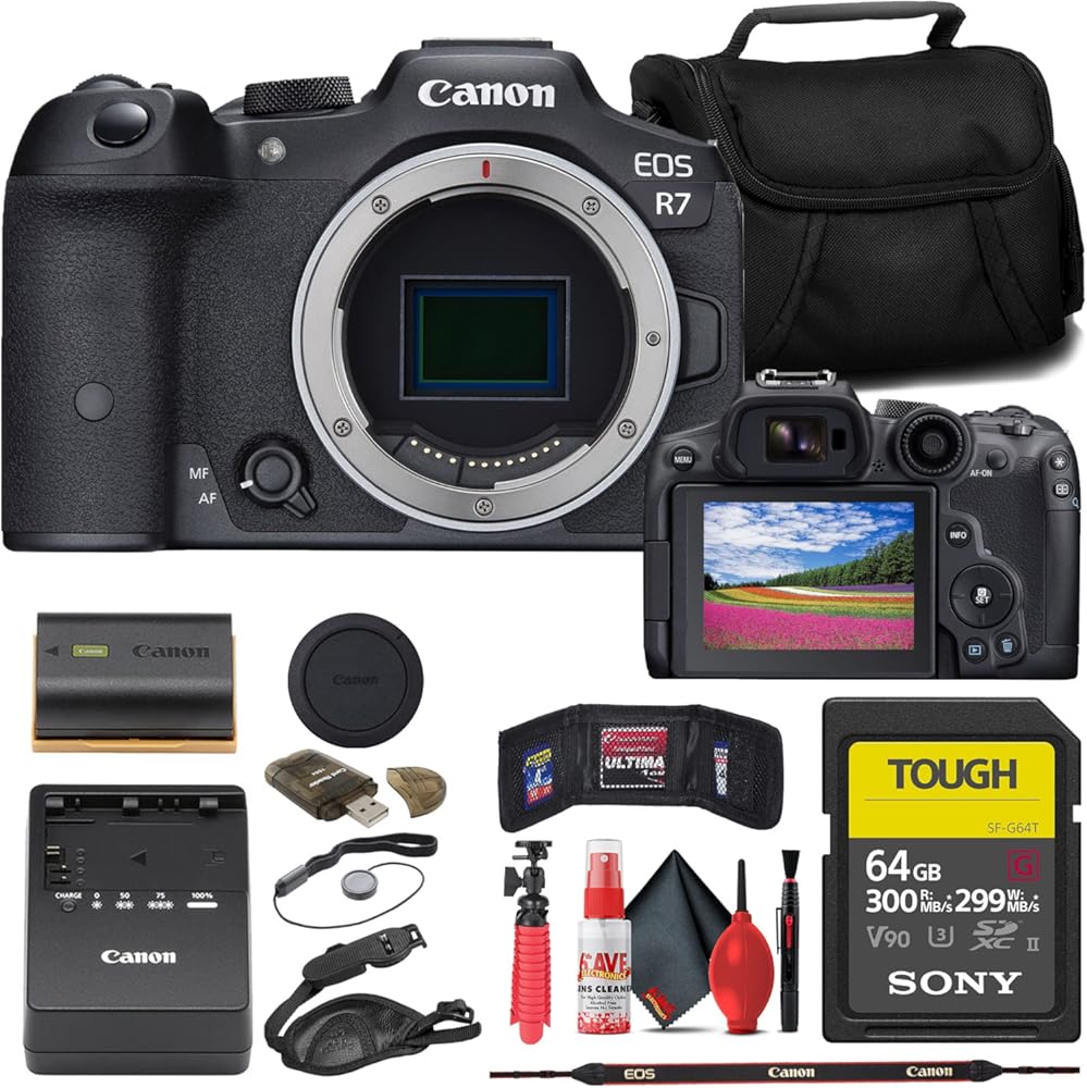 Canon EOS R7 Mirrorless Camera (5137C002) + Sony 64GB Tough SD Card + Bag + Card Reader + Flex Tripod + Hand Strap + Memory Wallet + Cap Keeper + Cleaning Kit (Renewed)