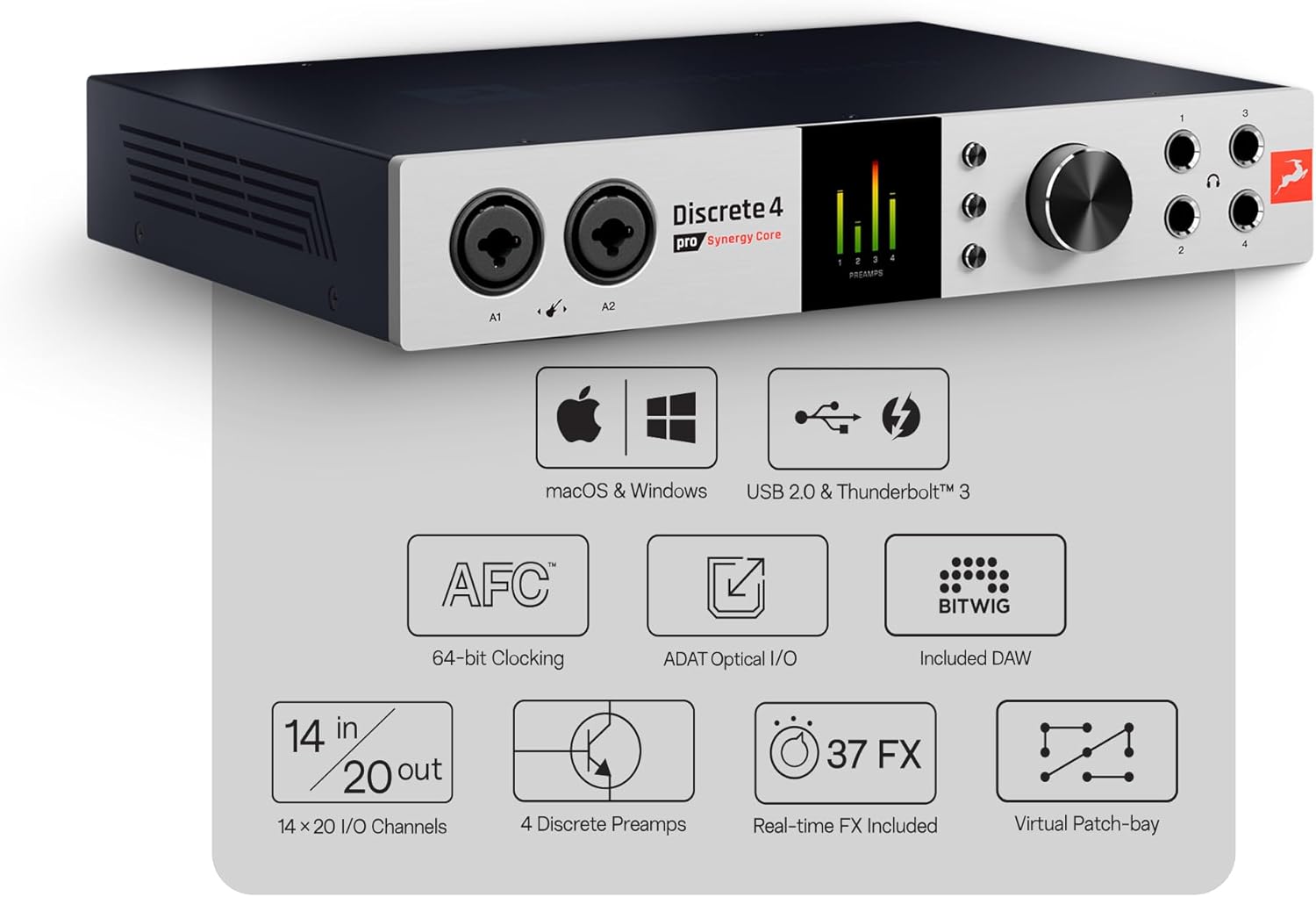 Antelope Audio Discrete 4 Pro Synergy Core Desktop 14x20 Audio Interface - Thunderbolt 3 & USB 2.0 4 Channel Microphone Preamp Recording, Streaming Studio Audio Interface w/Onboard Real-Time Effects