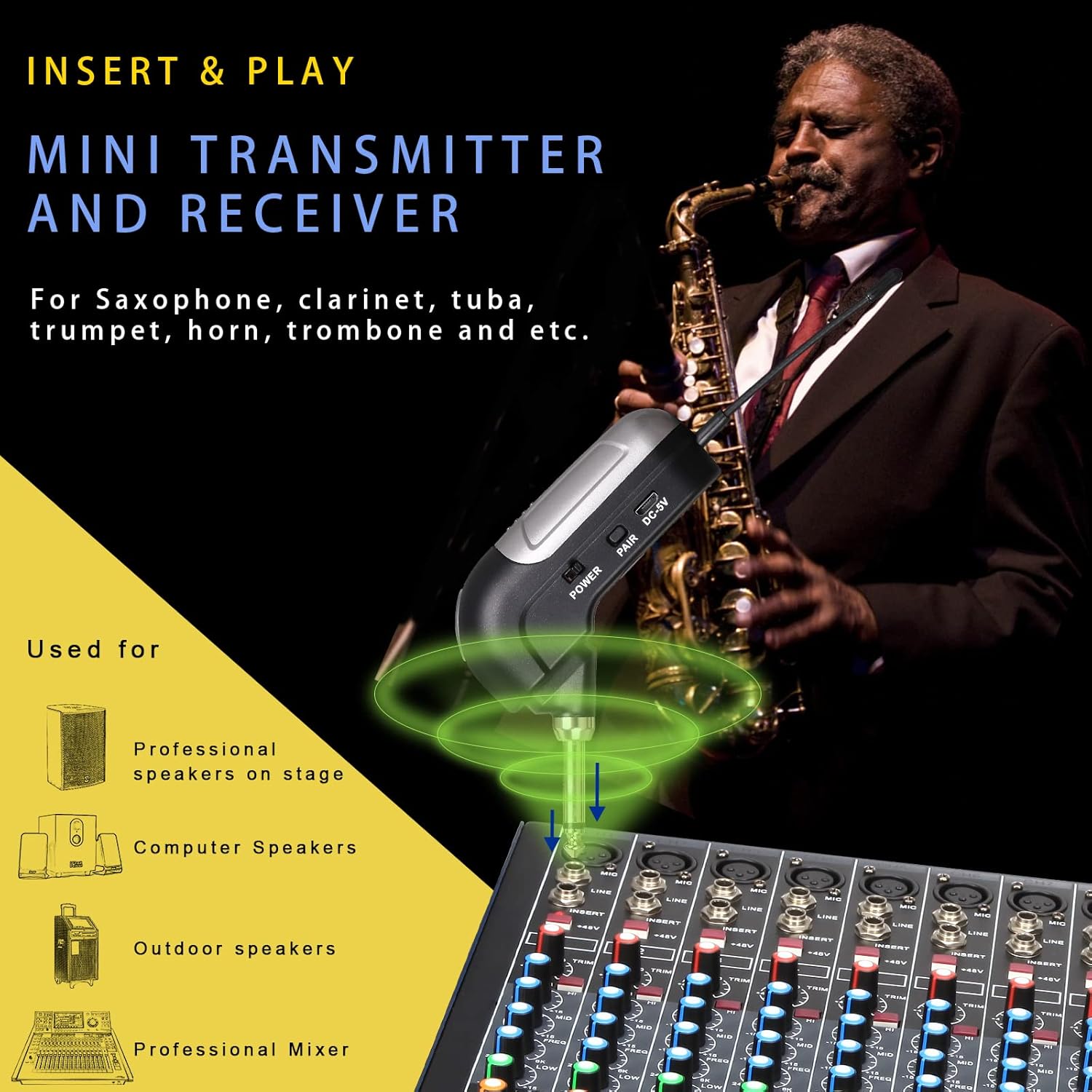 Saxophone Wireless musical instrument pickup, Professional Microphone Wireless Instrument UHF Pickup Mic Receiver & Transmitter System, Clip-on for Saxophone/French Horn/Trumpet wind instruments