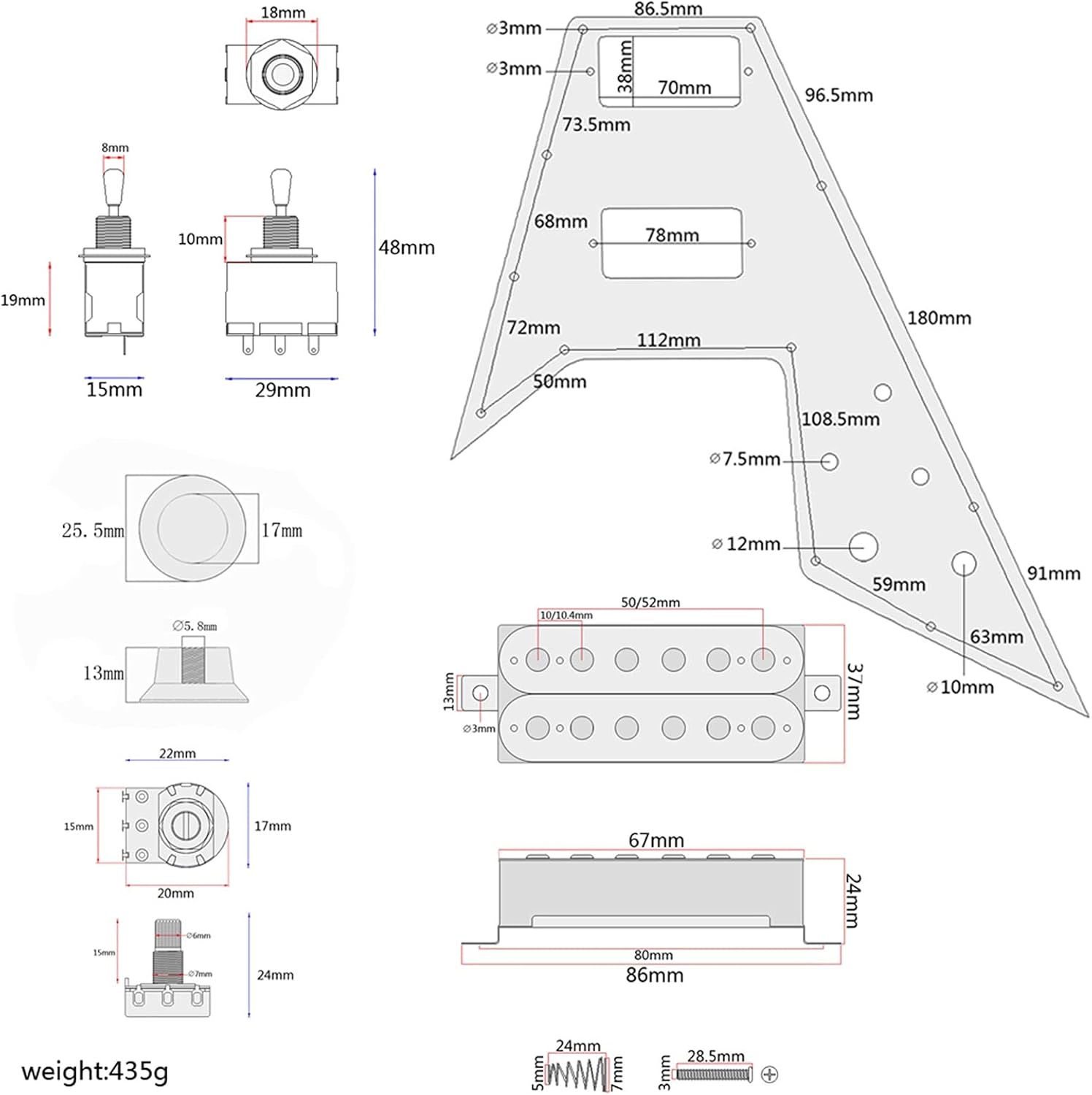 KESHUO 3 Ply White Guitar Loaded Prewired Pickguard for Flying V Guitar Loaded Pickguard Pre-Wired