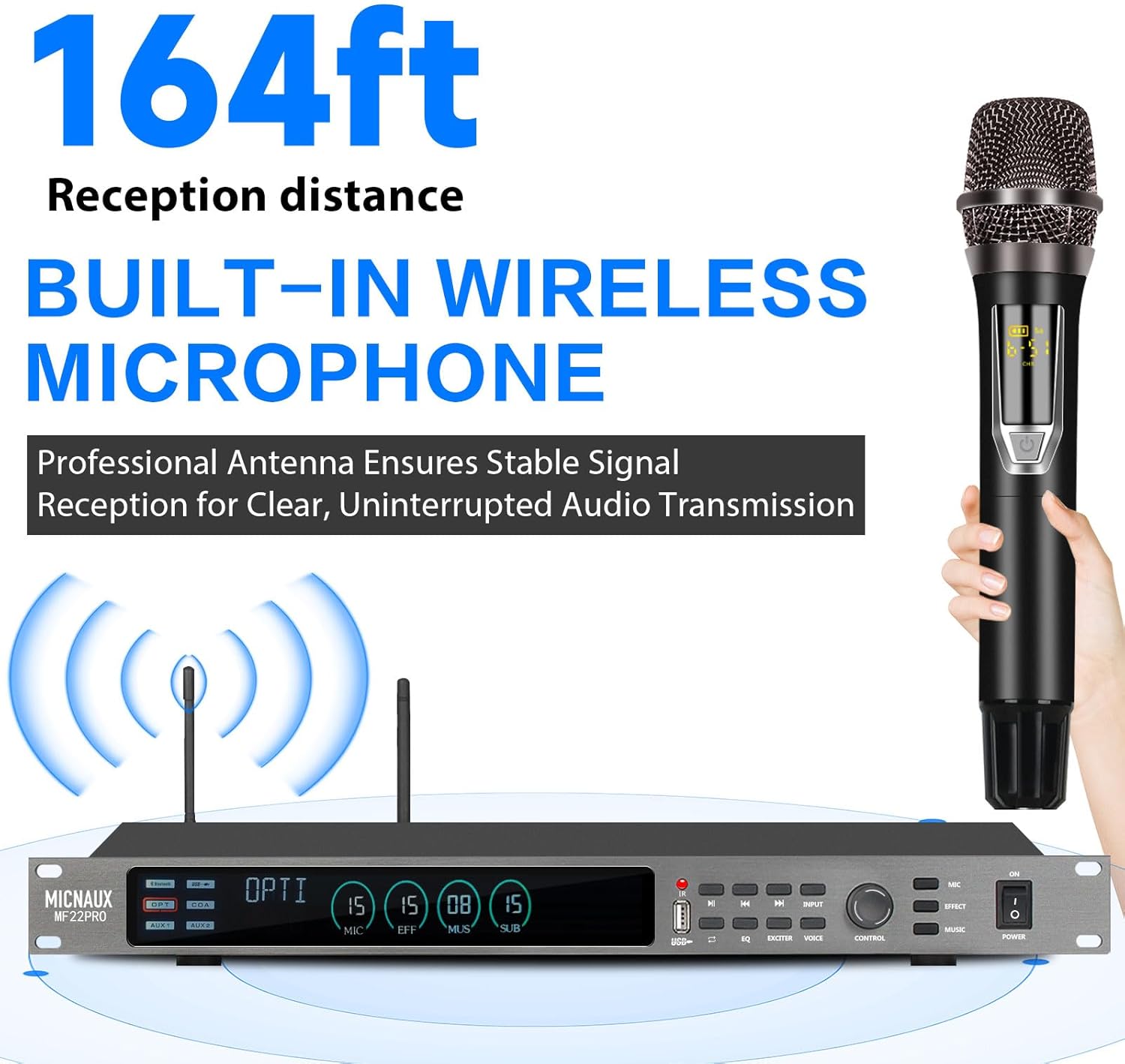 Digital Karaoke Processor KTV Mixer, Professional Pre-Stage Effector Audio Vocal Effects Processor Dual Wireless Microphones System with DSP Anti-Howling USB Bluetooth Optical Input (Silver)