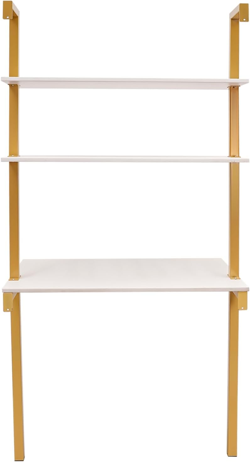 Industrial 3-Tiers Gold Wall Mounted Ladder Bookshelf, Pipe Iron Shelves Bookshelf, Storage Book Shelves Display Bookcases for Living Room Home Office